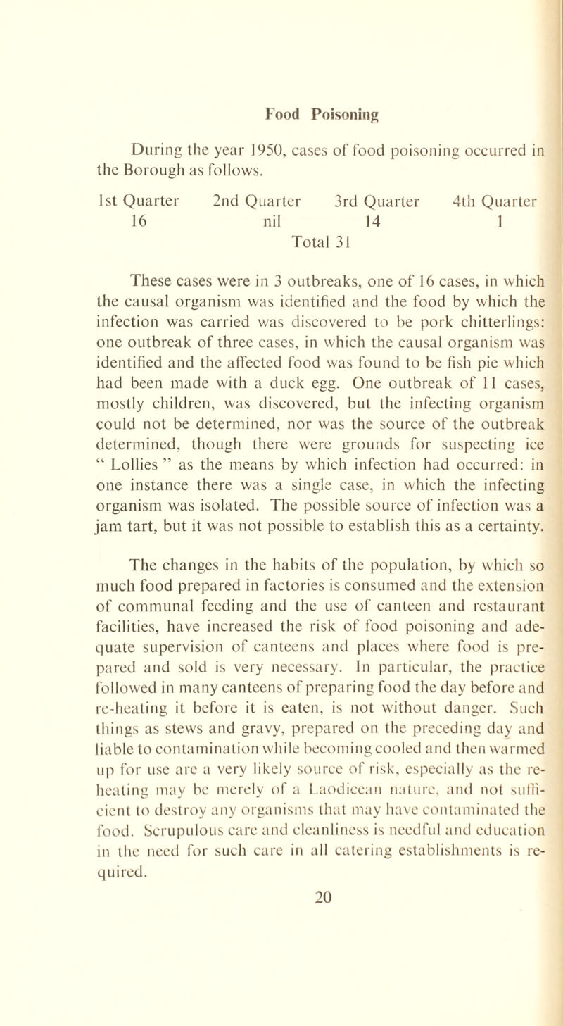 Food Poisoning During the year 1950, cases of food poisoning occurred in the Borough as follows. 1st Quarter 2nd Quarter 3rd Quarter 4th Quarter 16 nil 14 1 Total 31 These cases were in 3 outbreaks, one of 16 cases, in which the causal organism was identified and the food by which the infection was carried was discovered to be pork chitterlings: one outbreak of three cases, in which the causal organism was identified and the affected food was found to be fish pie which had been made with a duck egg. One outbreak of 11 cases, mostly children, was discovered, but the infecting organism could not be determined, nor was the source of the outbreak determined, though there were grounds for suspecting ice “ Lollies ” as the means by which infection had occurred: in one instance there was a single case, in which the infecting organism was isolated. The possible source of infection was a jam tart, but it was not possible to establish this as a certainty. The changes in the habits of the population, by which so much food prepared in factories is consumed and the extension of communal feeding and the use of canteen and restaurant facilities, have increased the risk of food poisoning and ade¬ quate supervision of canteens and places where food is pre¬ pared and sold is very necessary. In particular, the practice followed in many canteens of preparing food the day before and re-heating it before it is eaten, is not without danger. Such things as stews and gravy, prepared on the preceding day and liable to contamination while becoming cooled and then warmed up for use are a very likely source of risk, especially as the re¬ heating may be merely of a Laodicean nature, and not suffi¬ cient to destroy any organisms that may have contaminated the food. Scrupulous care and cleanliness is needful and education in the need for such care in all catering establishments is re¬ quired.