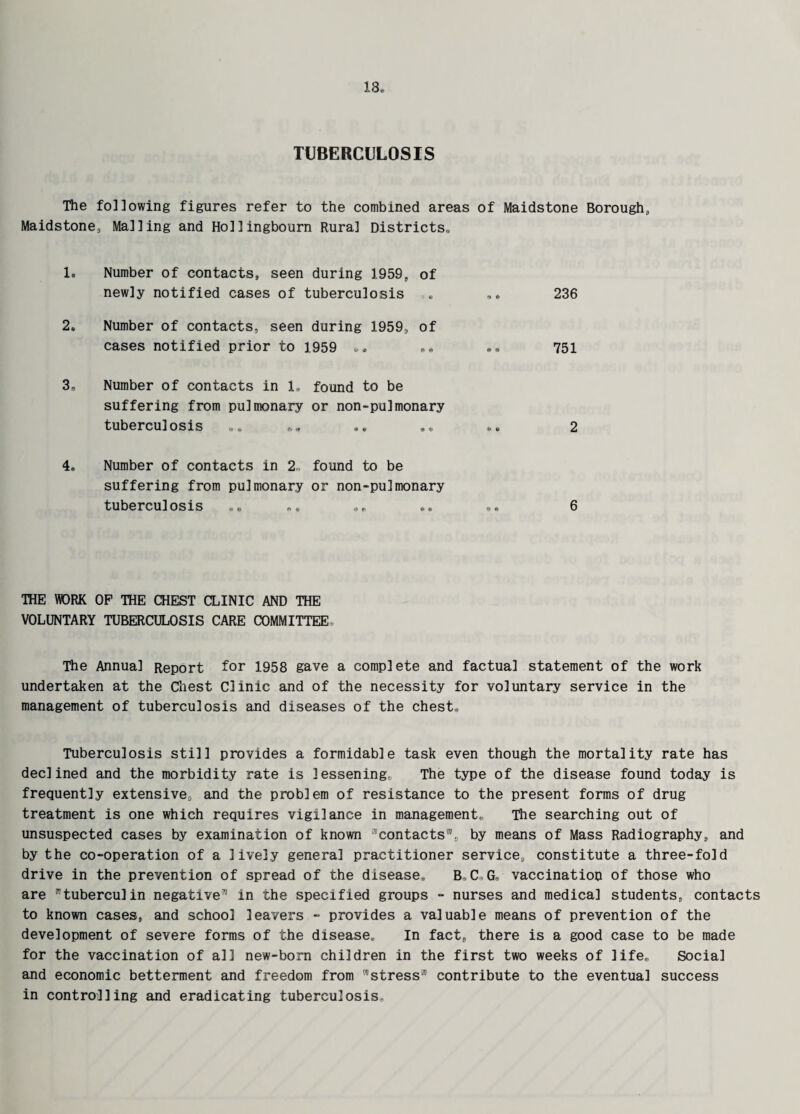 18* TUBERCULOSIS The following figures refer to the combined areas of Maidstone Borough, Maidstone, Mailing and Hollingbourn Rural Districts,, Number of contacts, seen during 1959, of newly notified cases of tuberculosis ft ft 236 Number of contacts, seen during 1959, of cases notified prior to 1959 ft ® 751 Number of contacts in 1, found to be suffering from pulmonary or non-pulmonary tuberculosis ft e 2 Number of contacts in 2, found to be suffering from pulmonary or non-pulmonary tuberculosis .. .. , 6 THE WORK OF THE CHEST CLINIC AND THE VOLUNTARY TUBERCULOSIS CARE COMMITTEE The Annual Report for 1958 gave a complete and factual statement of the work undertaken at the Chest Clinic and of the necessity for voluntary service in the management of tuberculosis and diseases of the chest. Tuberculosis still provides a formidable task even though the mortality rate has declined and the morbidity rate is lessening. The type of the disease found today is frequently extensive, and the problem of resistance to the present forms of drug treatment is one which requires vigilance in management* The searching out of unsuspected cases by examination of known “contacts™, by means of Mass Radiography, and by the co-operation of a lively general practitioner service, constitute a three-fold drive in the prevention of spread of the disease, B,C G, vaccination of those who are “tuberculin negative™ in the specified groups - nurses and medical students, contacts to known cases, and school leavers - provides a valuable means of prevention of the development of severe forms of the disease. In fact, there is a good case to be made for the vaccination of all new-born children in the first two weeks of life. Social and economic betterment and freedom from “stress” contribute to the eventual success in controlling and eradicating tuberculosis.