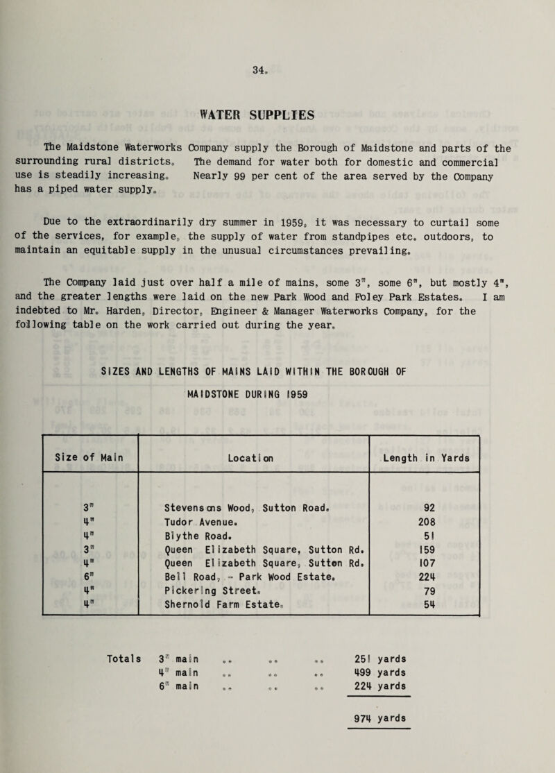 WATER SUPPLIES The Maidstone Waterworks Company supply the Borough of Maidstone and parts of the surrounding rural districts* The demand for water both for domestic and commercial use is steadily increasing* Nearly 99 per cent of the area served by the Company has a piped water supply* Due to the extraordinarily dry summer in 1959, it was necessary to curtail some of the services, for example,, the supply of water from standpipes etc. outdoors, to maintain an equitable supply in the unusual circumstances prevailing. The Company laid just over half a mile of mains, some 3W, some 6”, but mostly 4n, and the greater lengths were laid on the new Park Wood and Foley Park Estates. I am indebted to Mr. Harden, Director, Engineer & Manager Waterworks Company, for the following table on the work carried out during the year. SIZES AND LENGTHS OF MAINS LAID WITHIN THE BOROUGH OF MAIDSTONE DURING 1959 Size of Main Location Length in Yards 3 Stevenscns Wood, Sutton Road. 92 Tudor Avenue. 208 lp Blythe Road. 51 3” Queen Elizabeth Square, Sutton Rd. 159 Queen Elizabeth Square, Sutton Rd. 107 6 Bell Road, ** Park Wood Estate. 224 Pickering Street. 79 Shernold Farm Estate,, 54 Totals 3” main to to ® to 25! yards main to © to to 499 yards 6 main © « to to to to 224 yards 974 yards