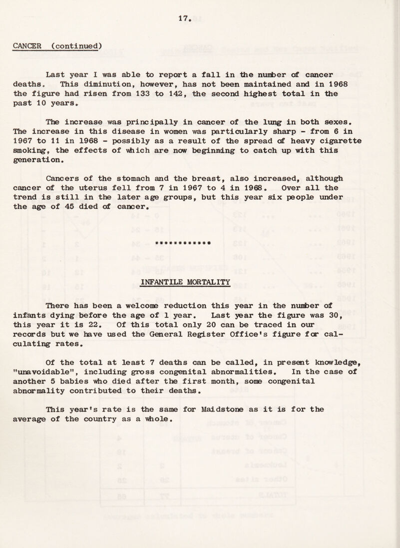 CANCER (continued) Last year I was able to report a fall in the number of cancer deaths. This diminution, however, has not been maintained and in 1968 the figure had risen from 133 to 142, the second highest total in the past 10 years. The increase was principally in cancer of the lung in both sexes. The increase in this disease in women was particularly sharp - from 6 in 1967 to 11 in 1968 - possibly as a result of the spread of heavy cigarette smoking, the effects of vtfiich are now beginning to catch up with this generation. Cancers of the stomach and the breast, also increased, although cancer of the uterus fell from 7 in 1967 to 4 in 1968. Over all the trend is still in the later age groups, but this year six people under the age of 45 died of cancer. ************ INFANTILE MORTALITY There has been a welcome reduction this year in the number of infants dying before the age of 1 year. Last year the figure was 30, this year it is 22. Of this total only 20 can be traced in our records but we have used the General Register Office’s figure for cal¬ culating rates. Of the total at least 7 deaths can be called, in present knowledge, ’’unavoidable”, including gross congenital abnormalities. In the case of another 5 babies who died after the first month, some congenital abnormality contributed to their deaths. This year’s rate is the same for Maidstone as it is for the average of the country as a ufaole.