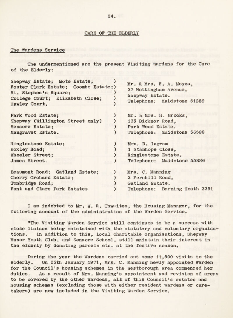 CARE OF THE ELDERLY The Wardens Service The undermentioned are the present Visiting Wardens for the Care of the Elderly; Shepway Estate; Mote Estate; Foster Clark Estate; Coombe Estate St, S tephen * s Square; College Court; Elizabeth Close; Hawley Court, Park Wood Estate; Shepway (Willington Street only) Senacre Estate; Mangravet Estate, Ringlestone Estate; Boxley Hoad; Wheeler Street; James Street. Beaumont Road; Gatland Estate; Cherry Orchard Estate; Tonbridge Road; Fant and Clare Park Estates . Mr, & Mrs. F. A* Moyes, ^ 37 Nottingham Avenuep v Shepway Estate, ^ Telephone: Maidstone 51289 > Mr, &, Mrs, H0 Brooks * ) 135 Bicknor Road, ) Park Wood Estate, ) Telephone; Maidstone 56588 ) Mrs, Do Ingram ) 1 Stanhope Close, ) Ringlestone Estate, ) Telephone; Maidstone 55886 ) Mrs, C, Manning ) 2 FernhiXX Road, ) Gatland Estate, ) Telephone; Barming Heath 3391 I am indebted to Mr, W0 R. Thwaites, the Housing Manager, for the following account of the administration of the Warden Service. The Visiting Warden Service still continues to be a success with close liaison being maintained with the statutory and voluntary organisa¬ tions, In addition to this* local charitable organisations, Shepway Manor Youth Club, and Senacre School, still maintain their interest in the elderly by donating parcels etc. at the festive season® During the year the Wardens carried out some 11<,500 visits to the elderly. On 25th January 1971, Mrs. C. Manning newly appointed Warden for the Council’s housing schemes in the Westhorough area commenced her duties. As a result of Mrs, Manning’s appointment and revision of areas to be covered by the other Wardens, all of this Council’s estates and housing schemes (excluding those with either resident wardens or care¬ takers) are now included in the Visiting Warden Service,