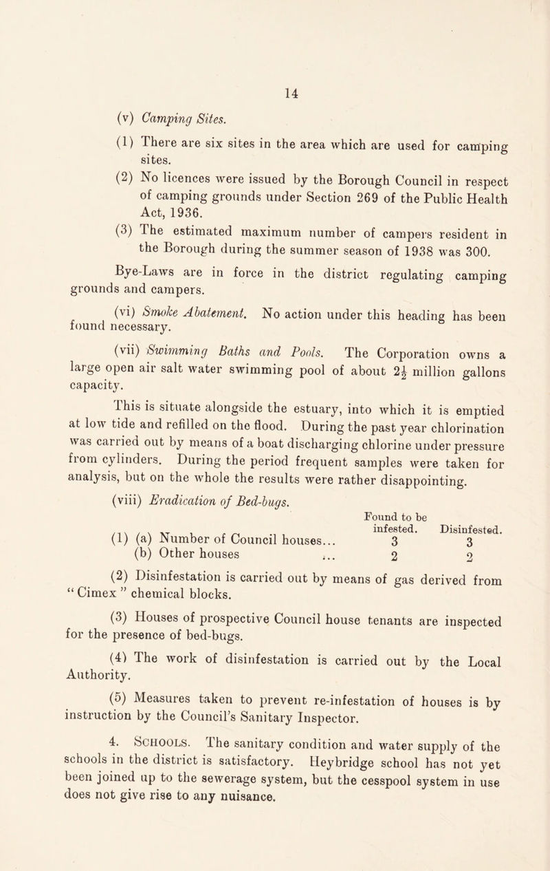 (v) Camping Sites. (1) There are six sites in the area which are used for camping sites. (2) No licences were issued by the Borough Council in respect of camping grounds under Section 269 of the Public Health Act, 1936. (3) The estimated maximum number of campers resident in the Borough during the summer season of 1938 was 300. Bye-Laws are in force in the district regulating camping grounds and campers. (vi) Smoke Abatement. No action under this heading has been found necessary. (vii) Swimming Baths and Pools. The Corporation owns a large open air salt water swimming pool of about 2£ million gallons capacity. Ihis is situate alongside the estuary, into which it is emptied at low tide and refilled on the flood. During the past year chlorination was carried out by means of a boat discharging chlorine under pressure from cylinders. During the period frequent samples were taken for analysis, but on the whole the results were rather disappointing. (viii) Eradication of Bed-bugs. Found to be , . XT . . ^ infested. Disinfested. (a) iNumber of Council houses... 3 3 (b) Other houses ,.. 2 2 (2) Disinfestation is carried out by means of gas derived from “ Cimex ” chemical blocks. (3) Houses of prospective Council house tenants are inspected for the presence of bed-bugs. (4) The work of disinfestation is carried out by the Local Authority. (5) Measures taken to prevent re-infestation of houses is by instruction by the Council’s Sanitary Inspector. 4. Schools. The sanitary condition and water supply of the schools in the district is satisfactory. Heybridge school has not yet been joined up to the sewerage system, but the cesspool system in use does not give rise to any nuisance.