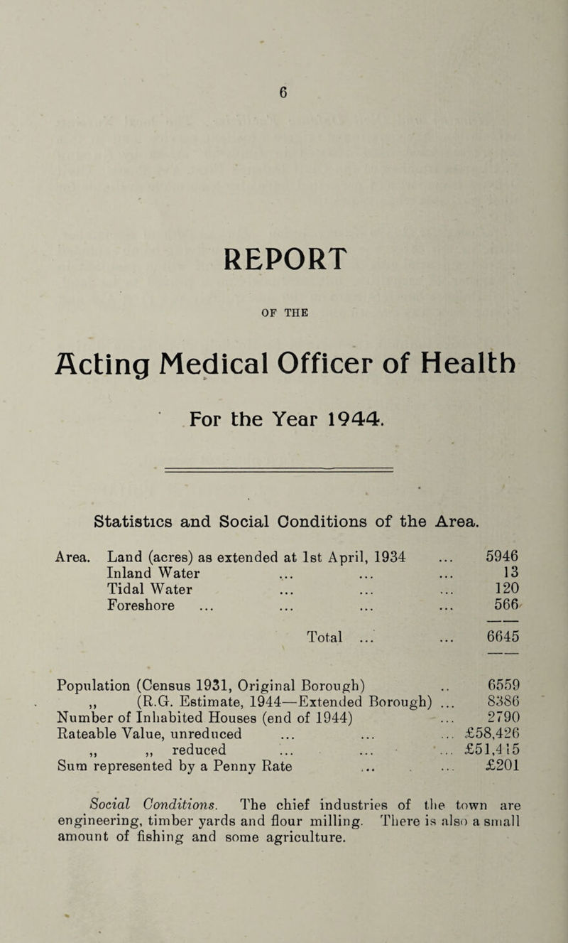 REPORT OF THE Acting Medical Officer of Health For the Year 1944. Statistics and Social Conditions of the Area. Area. Land (acres) as extended at 1st April, 1934 ... 5946 Inland Water ... ... ... 13 Tidal Water ... ... ... 120 Foreshore ... ... ... ... 566 Total ... ... 6645 Population (Census 1931, Original Borough) .. 6559 ,, (R.G. Estimate, 1944—Extended Borough) ... 8386 Number of Inhabited Houses (end of 1944) ... 2790 Rateable Value, unreduced ... ... ... £58,426 ,, „ reduced ... ... ... £51,415 Sum represented by a Penny Rate ... ... £201 Social Conditions. The chief industries of the town are engineering, timber yards and flour milling. There is also a small amount of fishing and some agriculture.