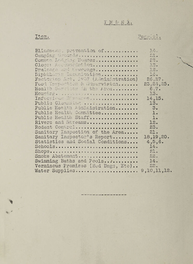 Item. Page( s) Blindness, pi* event ion of............ 3.6 * P. Ty. r.n Y' 1 ■ O,* «-v-, 3 '1 «*Vl W d J *1 * * -t -S’ , ’ -T . - ' U.!., 5 0 0 $300 O 03OCOO t j • Corewr i'1. Lodging IPvanes .... £2. Close a o It Ion, .. 3-3. Pi? U i - 01 ’ 1 ■■ ' ■ 'll O.L c • . a .'.S « Biph oil-' ■ -\' jjx 'ii. ‘..l set ion xo . Factorlop Act. 9 37 (A0m.in5.stration) 26,27. Fool & STpervisicn... 23,24,25. Health ■ 1 . os In the Area......... 6,7. Iln'ic'i v. 1 rz o ■*• * ■> - • - '• ' * o c o < f, o o e 9 3 o o c o o • o o Infocr-i* 'ns B : s ' .... .... . 14,15. 3Pu Dll e 0 j-. o j *~j t..’..*r, .-j........... ...... lo. Public Health to ministration........ 3. Public Healt.ij Committee. 1. Public Health. Staff.... 1. Rivers and Streams.. 12. Rodent Control...... 23. Sanitary Inspection of the Area. 21. Sanitary Inspector's Report. 18,19,20. Statistics and Social Conditions.... 4,5,6. ochools.. In. S h 0 P S..o, too... ...... ....... 2 .-L. o Smoke Abatement.. 22. Swimming Baths and Pools... 3.4. Verminous Premises (Bed Bugs, Etc).. 22. Water Supplies .... . , 9,10,11,12 V