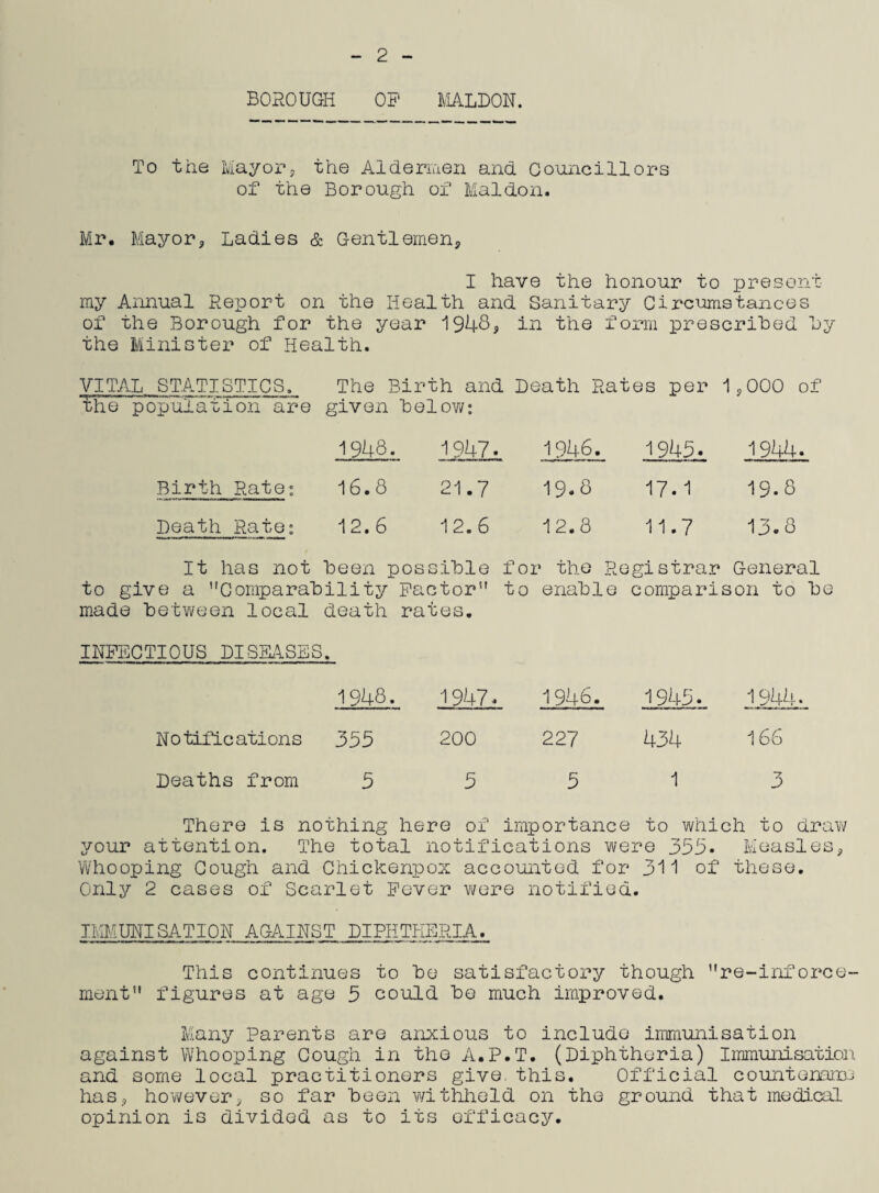 2 BOROUGH OB' MALDON. To the Mayor, the Aldermen and Councillors of the Borough of Maidon. Mr. Mayor, Ladies & Gentlemen, I have the honour to present my Annual Report on the Health and Sanitary Circumstances of the Borough for the year 1948, in the form prescribed By the Minister of Health. VITAL STATISTICS, The Birth and Death Rates per 1,000 of The population are given Belov/: 1948. 1947. 1946. 1945. 1944. Birth Rate: 16.8 21.7 19.8 17.1 19.8 Death Rate: 12.6 12.6 12.8 11.7 13.8 It has not Been possible to give a ’'Comparability Factor” made Between local death rates. for the Registrar General to enable comparison to Be INFECTIOUS DISEASES • 1948. 1947. 1946. 1945 • 1944- Notifications 355 200 227 434 166 Deaths from 5 5 5 1 3 There is nothing here of importance to which to draw your attention. The total notifications were 355. Measles, Whooping Cough and Chickenpox accounted for 311 of these. Only 2 cases of Scarlet Fever were notified. IMMUNISATION AGAINST DIPHTHERIA. This continues to Be satisfactory though re-inforce- ment figures at age 5 could Be much improved. Many Parents are anxious to include immunisation against Whooping Gough in the A.P.T. (Diphtheria) Immunisation and some local practitioners give, this. Official countenance has, however, so far Been withheld on the ground that medical opinion is divided as to its efficacy.