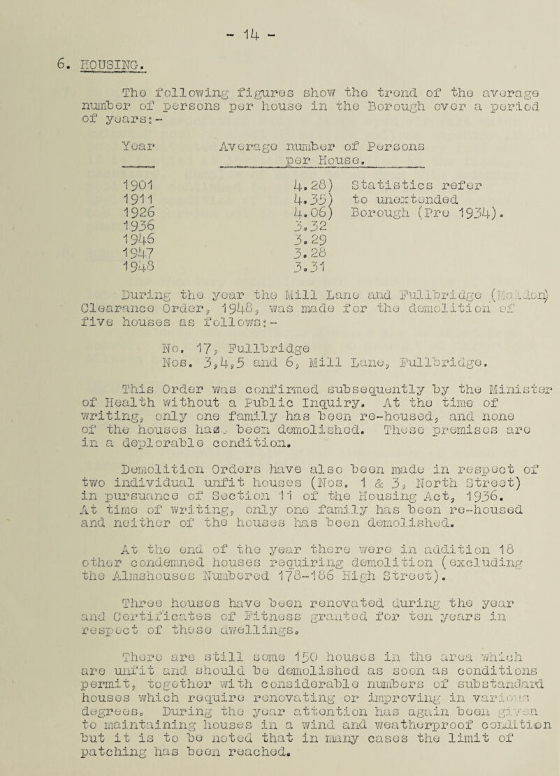 — 18 *“ 6. HOUSING. The following figures show the trend of the average number of persons per house in the Borough over a period of years:~ Year Average number of Persons per House. 1901 4.26) Statistics refer 1911 4.33) to uno;:tended 1926 4.06) Borough (Pro 1934). 1936 3.32 1946 3.29 1947 3.28 1943 3.31 During the year the Mill Lane and Fulabridge (Da .don) Clearance Order, 1948, was made for the demolition five houses as follows;- n •>' No. 17? Fullhridge Nos. 3*4? 5 and 6, Mill Lane* Fullhridge. This Order was confirmed subsequently Ly the Minister of Health without a public Inquiry. At the time of writing, only one family has been re-housed, and none of the houses has... been demolished. These premises are in a deplorable condition. Demolition Orders have also been made in respect of two individual unfit houses (Nos, 1 & 3? North Street) in pursuance of Section 11 of the Housing Act, 1936. At time of writing, only one family has been re-housed and neither of the houses has been demolished. At the end of the year there were in addition 18 other condemned houses requiring demolition (excluding the Almshouses Numbered 178-186 High Street), Three houses have been renovated during the year and Certificates of Fitness granted for ten years in respect of these dwellings, There are still some 130 houses in the area which are unfit and should be demolished as soon as conditions permit, together with considerable numbers of substandard houses which require renovating or improving in varicr a degrees. During the year attention has again been given to maintaining houses in a wind and weatherproof condition but it is to be noted that in many cases the limit of patching has been reached.