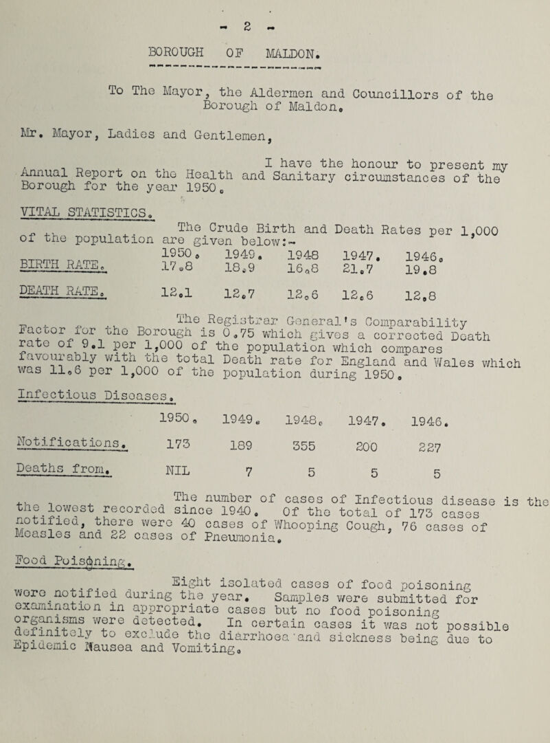 2 - BOROUGH OF MALDON, To The Mayor, the Aldermen and Councillors of the Borough of Maidon. Mr, Mayor, Ladies and Gentlemen, . . _ I have the honour to present my Annual Report on the Health and Sanitary circumstances of the Borough for the year 19500 VITAL STATISTICS, of the population BIRTH RATE, DEATH RATE, The Crude Birth and Death Rates per 1,000 are given beloxv:- 1950 o 1949. 1948 1947. 1946 17,8 18*9 16 a8 21.7 19.8 12,1 12e7 12 o 6 12.6 12,8 „ . x> ., The Registrar General fs Comparability factor j.or oho Borough is 0,75 which gives a corrected Death 0l_ Per 1,000 of the population which compares favourably with the total Death rate for England and W; was 11o6 per 1,000 of the population during 1950, Infectious Diseases Wales which Notifications Deaths from. 1950 . 175 NIL 1949. 189 7 1948 c 355 5 1947, 200 5 1946, 227 5 ,, n Tho number of cases of Infectious disease is the tne lowest recorded since 1940, Of the total of 173 cases notified, there were 40 cases of Whooping Cough, 76 cases of Measles and 22 cases of Pneumonia, Food Poisoning, . . . Eight isolated cases of food poisoning wore notified during the year. Samples v/ere submitted for examination m appropriate cases but no food poisoning w®re d^ected. In certain cases it was not possible dufimtoly to exc.-.uae the diarrhoea'and sickness being due to Epidemic Nausea and Vomiting,