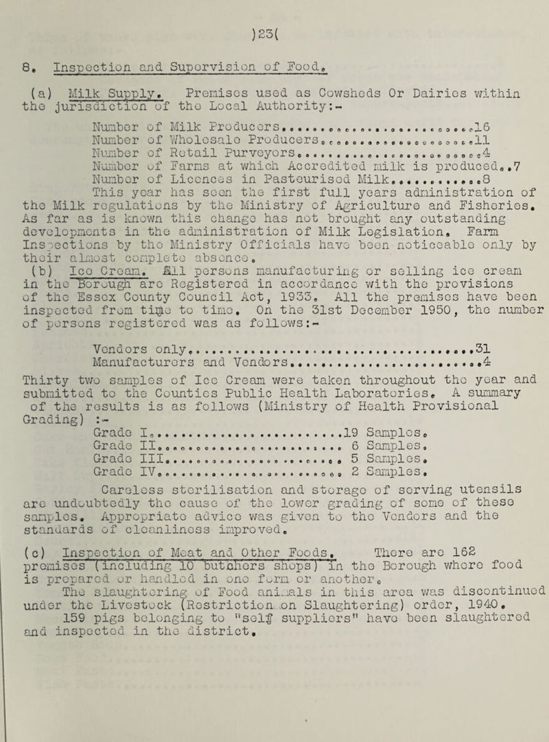 )23( 8« Inspection and Supervision of Food, (a) Milk Supply, Premises used as Cowsheds Or Dairies within the jurisdiction of the Local Authority:- Number of Milk Producers.«, ,«,0»., ,16 Number of Wholesale Producers® ....*11 Number of Retail Purveyors *.. ,. .. *.,. 0 • •»• c «4 Number of Farms at which Accredited milk is produced*,7 Number of Licences in Pasteurised Milk.,,,,8 This year has seen the first full years administration of the Milk regulations by the Ministry of Agriculture and Fisheries, As far as is known this change has not brought any outstanding developments in the administration of Milk Legislation, Farm Inspections by the Ministry Officials have been noticeable only by their almost complete absence, (b) Ice Cream. All persons manufacturing or selling ice cream in the Borough arc Registered in accordance with the provisions of the Essex County Council Act, 1933, All the premises have been inspected from ti$e to time. On the 31st December 1950, the number of persons registered was as follows :~ Vendors only.....*31 Manufacturers and Vendors.... .0.o,4 Thirty two samples of Ice Cream were taken throughout tho year and submitted to the Counties Public Health Laboratories* A summary of the results is as follows (Ministry of Health Provisional Grading) :- Grade I„. Grade II94,0.oo. Grade III,...... Grade IV,,.. o • 9 0 Q 0 0 0 9 9 9 9 9 O J 9 9 e 9000 oO»C «O©0 9oao««eo0OO& 19 Samples 6 Samples 5 Samples 2 Samples o Careless sterilisation and storage of serving utensils are undoubtedly tho cause of the lower grading of some of these samples* Appropriate advice was given to tho Vendors and the standards of cleanliness improved. (c) Inspection of Meat and Other Foods, There are 162 premises (including 10 butchers 'shop's) in tho Borough where food is prepared or handled in one form or another0 The slaughtering of Food animals in this area was discontinued under the Livestock (Restriction, .on Slaughtering) order, 1940* 159 pigs belonging to ’’sel# suppliers’’ have been slaughtered and inspected in the district.