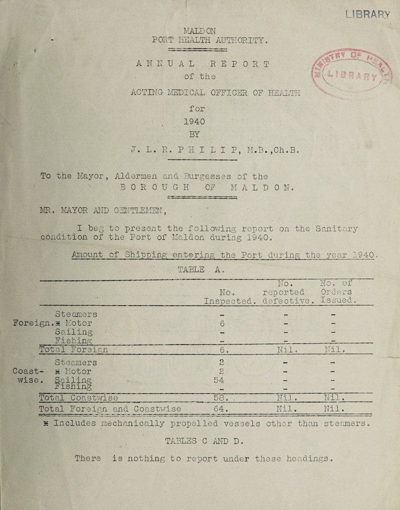 MALE1 ON POET HEALTH AUTHORITY. ANNUAL REPORT of the ACTING MEDICAL OFFICER OP HEALTH for 1940 BY I. L. R. PHI LI P, M.B.,Ch.B. To the Mayor, Aldermen and Burgesses of the BOROUGH OP M ALE ON. MR. MAYOR ANN GENTLEMEN, I beg to present the following report on the Sanitary condition of the Port of Maidon during 1940. Amount of Shipping entering the Port during the year 1940 TABLE A. e O ! o o O o o reported Orders Inspected. defective. Issued. Steamers — — Foreign.# Motor 6 — — Sailing — — — Fishing — — — Total Foreign 6. Nil. Nil. Steamers 2 _ — Coast- x Motor 2 — — wise. Sgilpng 54 — — Fishing — — - Total Coastwise o CD IQ Nil. Nil. Total Foreign and Coastwise 64. Nil. Nil. # Includes mechanically propelled vessels other than stearners. TABLES C ANB E. There is nothing to report under these headings.