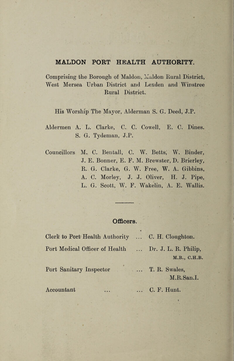 MALDON PORT HEALTH AUTHORITY. Comprising the Borough of Maldon, Maldon Rural District, West Mersea Urban District and Lexden and Winstree Rural District. i s) > ■' His Worship The Mayor, Alderman S. G. Deed, J.P. Aldermen A. L. Clarke, C. C. Cowell, E. C. Dines. S. G. Tydeman, J.P. Councillors M. C. Bentall, C. W. Betts, W. Binder, J. E. Bonner, E. F. M. Brewster, D. Brierley, R. G. Clarke, G. W. Free, W. A. Gibbins, A. C. Morley, J. J. Oliver, H. J. Pipe, L. G. Scott, W. F. Wakelin, A. E. Wallis. Officers. Clerk to Port Health Authority Port Medical Officer of Health * Port Sanitary Inspector Accountant C. H. Cloughton. Dr. J. L. R. Philip, M.B., C.H.B. T. R. Swales, M.R.San.I. C. F. Hunt.