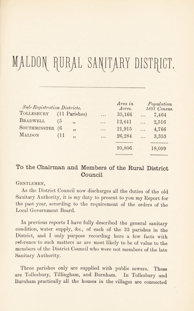 Sub-Registra tion Districts. Tollesbury (11 Parishes) Bradwell (5 „ SOUTHMINSTER (6 „ Maldon (11 „ Area in Population Acres. 1891 Census. 35,166 ... 7,464 12,441 ... 2,516 21,915 ... 4,766 26,284 ... 3,353 95,806 18,099 To the Chairman and Members of the Rural District Council. Gentlemen, As the District Council now discharges all the duties of the old Sanitary Authority, it is my duty to present to you my Report for the past year, according to the requirement of the orders of the Local Government Board. In previous reports I have fully described the general sanitary condition, water supply, &c., of each of the 33 parishes in the District, and I only purpose recording here a few facts with reference to such matters as are most likely to be of value to the members of the District Council who were not members of the late Sanitary Authority. Three parishes only are supplied with public sewers. These are Tollesbury, Tillingham, and Burnham. In Tollesbury and Burnham practically all the houses in the villages are connected