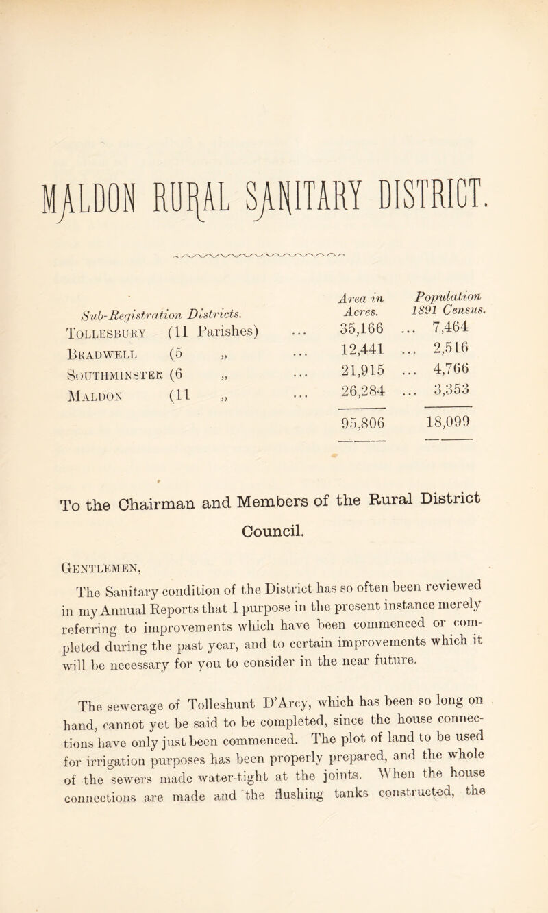 Sub-Registration Districts. Tollesbury (11 Parishes) Bhadwell (5 SOUTHMINSTER (6 Maldon (It Area in Population Acres. 1891 Census 35,166 ... 7,464 12,441 ... 2,516 21,91.5 ... 4,766 26,284 ... 3,353 95,806 18,099 To the Ohairman and Members of the Rural District Council. Gentlemen, The Sanitary condition of the District has so often been reviewed in my Annual Reports that I purpose in the present instance merely referring to improvements which have been commenced or .com¬ pleted during the past year, and to certain improvements which it will be necessary for you to consider in the near future. The sewerage of Tolleshunt D’Arcy, which has been so long on hand, cannot yet be said to be completed, since the house connec¬ tions have only just been commenced. The plot of land to be used for irrigation purposes has been properly prepared, and the whole of the sewers made water-tight at the joints. When the house connections are made and The flushing tanks constructed, the