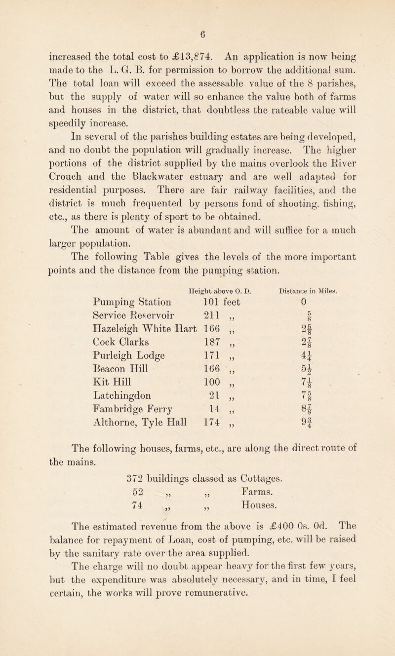 increased the total cost to £13,874. An application is now being made to the L. G. B. for permission to borrow the additional sum. The total loan will exceed the assessable value of the 8 parishes, but the supply of water will so enhance the value both of farms and houses in the district, that doubtless the rateable value will speedily increase. In several of the parishes building estates are being developed, and no doubt the population will gradually increase. The higher portions of the district supplied by the mains overlook the River Crouch and the Blackwater estuary and are well adapted for residential purposes. There are fair railway facilities, and the district is much frequented by persons fond of shooting, fishing, etc., as there is plenty of sport to be obtained. The amount of water is abundant and will suffice for a much larger population. The following Table gives the levels of the more important points and the distance from the pumping station. Height above O. D. Distance in Miles. Pumping Station 101 feet 0 Service Reservoir 211 33 5 8 Hazeleigh White Hart 166 33 9 5 Cock Clarks 187 33 2f Purleigh Lodge 171 33 H Beacon Hill 166 33 1 °2 Kit Hill 100 33 71 1 8 Latchingdon 21 33 75 Fambridge Ferry 14 33 ft7 °8 Althorne, Tyle Hall 174 33 9J The following houses, farms, etc., are along the direct route of the mains. 372 buildings classed as Cottages. 52 ,, ,, Farms. 74 ,, ,, Houses. The estimated revenue from the above is £400 Os. Od. The balance for repayment of Loan, cost of pumping, etc. will be raised by the sanitary rate over the area supplied. The charge will no doubt appear heavy for the first few years, but the expenditure was absolutely necessary, and in time, I feel certain, the works will prove remunerative.