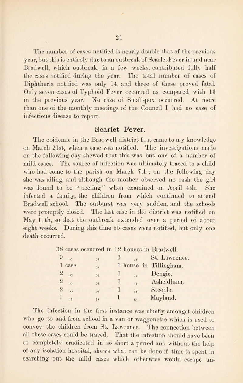 The number of cases notified is nearly double that of the previous year, but this is entirely due to an outbreak of ScarletFever in and near Bradwell, which outbreak, in a few weeks, contributed fully half the cases notified during the year. The total number of cases of Diphtheria notified was only 14, and three of these proved fatal. Only seven cases of Typhoid Fever occurred as compared with 16 in the previous year. No case of Small-pox occurred. At more than one of the monthly meetings of the Council I had no case of infectious disease to report. Scarlet Fever. The epidemic in the Bradwell district first came to my knowledge on March 21st, when a case was notified. The investigations made on the following day shewed that this was but one of a number of mild cases. The source of infection was ultimately traced to a child who had come to the parish on March 7th ; on the following day she was ailing, and although the mother observed no rash the girl was found to be “ peeling ” when examined on April 4th. She infected a family, the children from which continued to attend Bradwell school. The outburst was very sudden, and the schools were promptly closed. The last case in the district was notified on May 11th, so that the outbreak extended over a period of about eight weeks. During this time 55 cases were notified, but only one death occurred. 38 cases occurred in 12 houses in Bradwell. 9 1 2 1 case 2 2 1 55 55 55 55 55 55 55 55 55 55 3 ,, St. Lawrence. 1 house in Tillingham. 1 Dengie. 1 1 1 55 55 55 Asheldham. Steeple. May land. The infection in the first instance was chiefly amongst children who go to and from school in a van or waggonette which is used to convey the children from St. Lawrence. The connection between all these cases could be traced. That the infection should have been so completely eradicated in so short a period and without the help of any isolation hospital, shews what can be done if time is spent in searching out the mild cases which otherwise would escape un-