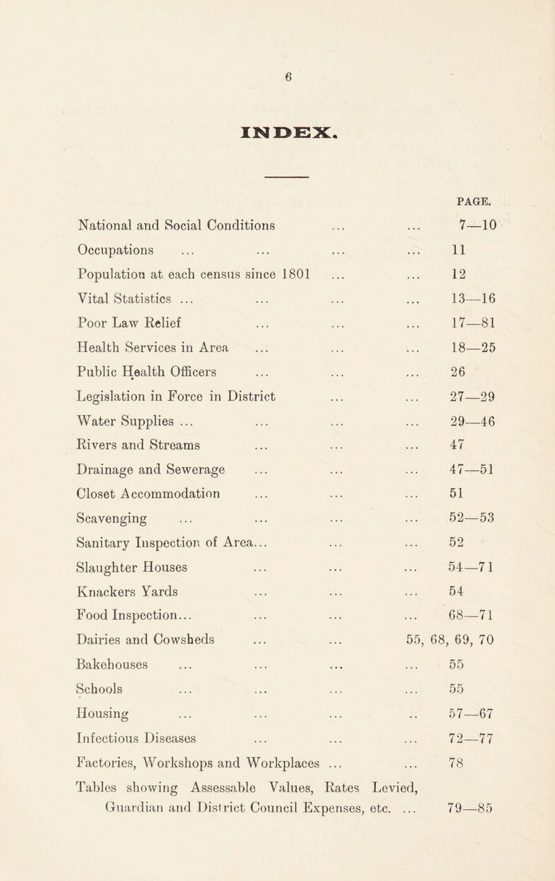 PAGE. National and Social Conditions ... ... 7—10 Occupations ... ... ... ... 11 Population at each census since 1801 ... ... 12 Vital Statistics ... ... ... ... 13—16 Poor Law Relief ... ... ... 17—81 Health Services in Area ... ... ... 18—25 Public Health Officers ... ... ... 26 Legislation in Force in District ... ... 27—29 Water Supplies ... ... ... ... 29—46 Rivers and Streams ... ... ... 47 Drainage and Sewerage ... ... ... 47—51 Closet Accommodation ... ... ... 51 Scavenging ... ... ... ... 52—53 Sanitary Inspection of Area... ... ... 52 Slaughter Houses ... ... ... 54—71 Knackers Yards ... ... ... 54 Food Inspection... ... ... ... 68—71 Dairies and Cowsheds ... ... 55, 68, 69, 70 Bakehouses ... ... ... ... 55 Schools ... ... ... ... 55 Housing ... ... ... .. 57—67 Infectious Diseases ... ... ... 72—77 Factories, Workshops and Workplaces ... ... 78 Tables showing Assessable Values, Rates Levied, Guardian and District Council Expenses, etc. 79—85