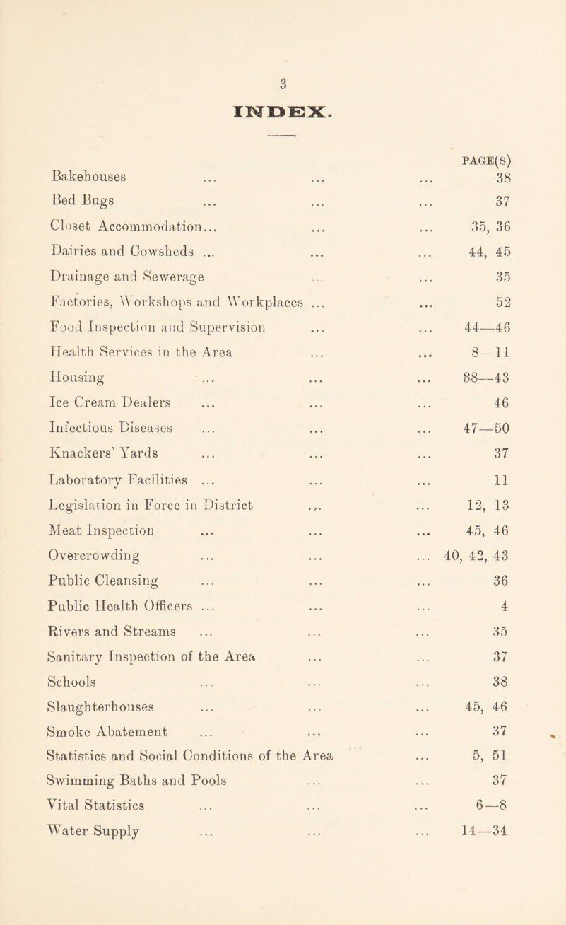 PAGE(S) Bakehouses ... ... ... 38 Bed Bugs ... ... ... 37 Cl oset Accommodation... ... ... 35, 36 Dairies and Cowsheds ... ... ... 44, 45 Drainage and Sewerage .... ... 35 Factories, Workshops and Workplaces ... ... 52 Food Inspection and Supervision ... ... 44-—46 Health Services in the Area ... ... 8—11 Housing ... ... 88—43 Ice Cream Dealers ... ... ... 46 Infectious Diseases ... ... ... 47—50 Knackers’ Yards ... ... ... 37 Laboratory Facilities ... ... ... 11 Legislation in Force in District ... 12, 13 Meat Inspection ... ... ... 45, 46 Overcrowding ... ... ... 40, 42, 43 Public Cleansing ... ... ... 36 Public Health Officers ... ... ... 4 Rivers and Streams ... ... ... 35 Sanitary Inspection of the Area ... ... 37 Schools ... ... ... 38 Slaughterhouses ... ... ... 45, 46 Smoke Abatement ... ... ... 37 Statistics and Social Conditions of the Area ... 5, 51 Swimming Baths and Pools ... ... 37 Vital Statistics ... ... ... 6—8 Water Supply ... ... ... 14—34