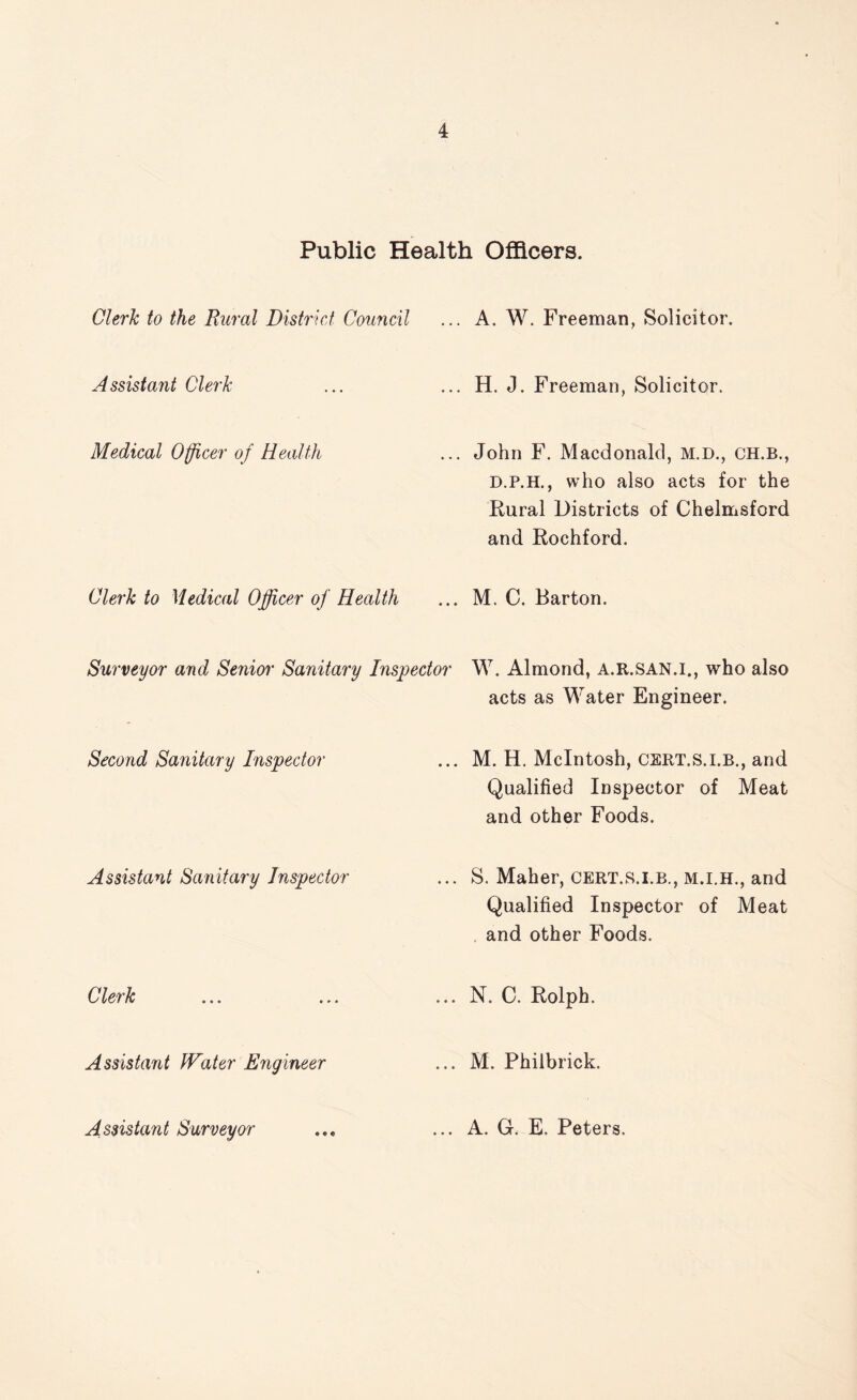 Public Health Officers. Clerk to the Rural District Council A. W. Freeman, Solicitor. Assistant Clerk H. J. Freeman, Solicitor. Medical Officer of Health John F. Macdonald, M.D., CH.B., D.P.H., who also acts for the Rural Districts of Chelmsford and Rochford. Clerk to Medical Officer of Health M. C. Barton. Surveyor and Senior Sanitary Inspector W. Almond, A.R.SAN.I., who also acts as Water Engineer. Second Sanitary Inspector M. H. McIntosh, csrt.s.i.b., and Qualified Inspector of Meat and other Foods. Assistant Sanitary Inspector S. Maher, CERT.s.i.b., m.i.h., and Qualified Inspector of Meat and other Foods. Clerk N. C. Rolph. Assistajit fFater Engineer M. Philbrick. Assistant Surveyor ... A. G. E. Peters.