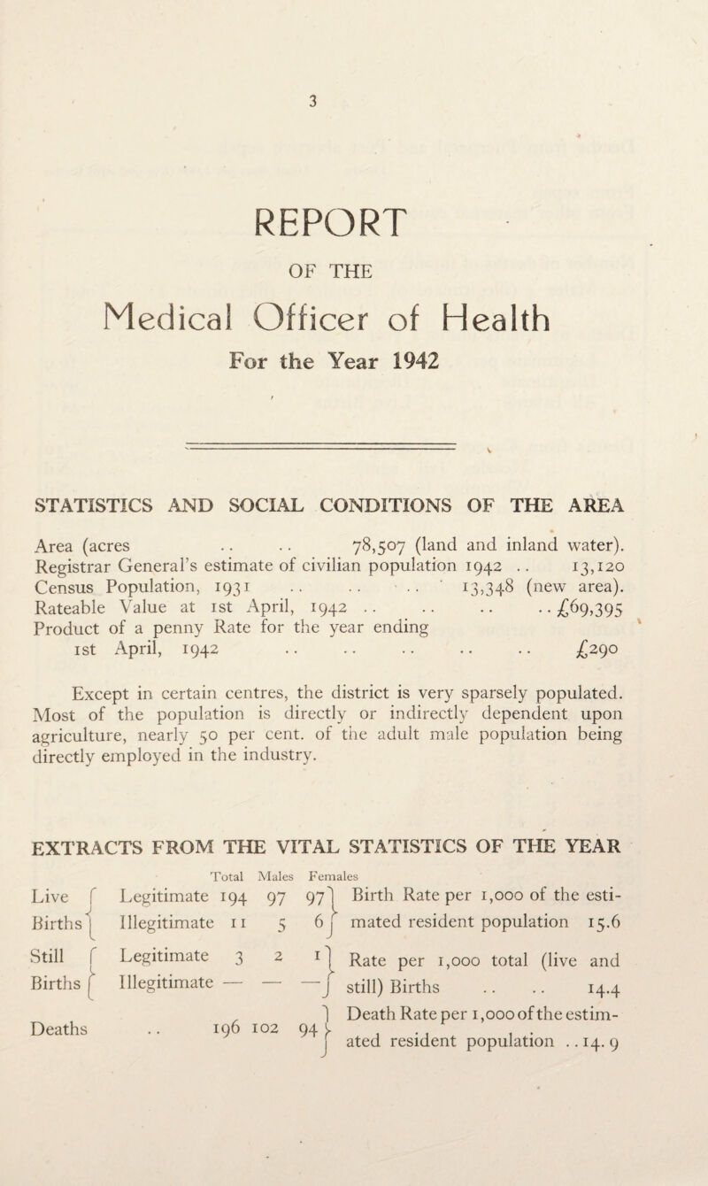 REPORT OF THE Medical Officer of Health For the Year 1942 STATISTICS AND SOCIAL CONDITIONS OF THE AREA Area (acres .. .. 78,507 (land and inland water). Registrar General’s estimate of civilian population 1942 .. 13,120 Census Population, 1931 .. .. - ' 13,348 (new area). Rateable Value at 1st April, 1942 .. .. .. •• £69,395 Product of a penny Rate for the year ending 1st April, 1942 .. .. .. .. .. £290 Except in certain centres, the district is very sparsely populated. Most of the population is directly or indirectly dependent upon agriculture, nearly 50 per cent, of the adult male population being directly employed in the industry. EXTRACTS FROM THE VITAL STATISTICS OF THE YEAR Live f Births j Still f Births |£ Deaths Total Males Females Legitimate 194 97 971 Birth Rate per 1,000 of the esti- Illegitimate n 5 6j mated resident population 15.6 Legitimate 3 2 1) Rate per 1,000 total (live and Illegitimate — — — j stj]i) Births .. .. 14.4 . ] Death Rate per i,000 of the estim- 196 102 94 i j ated resident population .. 14. 9
