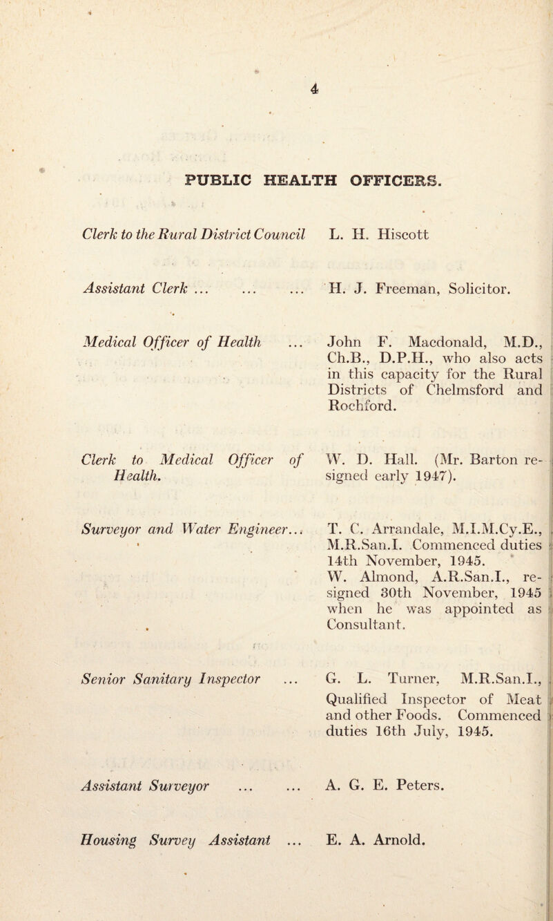 PUBLIC HEALTH OFFICERS. Clerk to the Rural District Council L. H. Hiscott Assistant Clerk ... Medical Officer of Health Clerk to Medical Officer of Health. Surveyor and Water Engineer... Senior Sanitary Inspector Assistant Surveyor H. J. Freeman, Solicitor. John F. Macdonald, M.D., Ch.B., D.P.H., who also acts in this capacity for the Rural Districts of Chelmsford and Rochford. W. D. Hall. (Mr. Barton re¬ signed early 1947). T. C. Arrandale, M.I.M.Cy.E., M.R.San.I. Commenced duties 14th November, 1945. W. Almond, A.R.San.I., re¬ signed 80th November, 1945 when he was appointed as Consultant. G. L. Turner, M.R.San.I., Qualified Inspector of Meat and other Foods. Commenced duties 16th July, 1945. A. G. E. Peters. Housing Survey Assistant • • • E. A. Arnold.