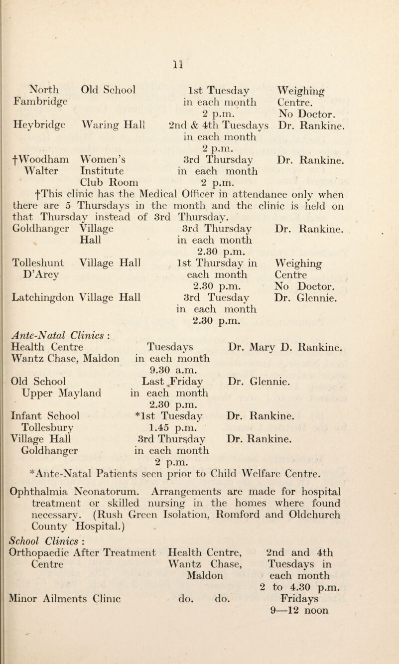 North Old School Fambridge Hey bridge Waring Hall 1st Tuesday in each month 2 p.m. 2nd & 4th Tuesdays in each month Weighing Centre. No Doctor. Dr. Rankine. Dr. Rankine. 2 p.m. 3rd Thursday in each month 2 p.m. fThis clinic has the Medical Officer in attendance only when there are 5 Thursdays in the month and the clinic is held on that Thursday instead of 3rd Thursday. j-Woodham Women’s Walter Institute Club Room Goldhanger Village Hall 3rd Thursday in each month Dr. Rankine. Tolleshunt Village Hall D’Arcy Latchingdon Village Hall 2.30 p.m. 1st Thursday in each month 2.30 p.m. 3rd Tuesday in each month 2.30 p.m. Weighing Centre No Doctor. Dr. Glennie. Ante-Natal Clinics : Health Centre Tuesdays Dr. Mary D. Rankine. Wantz Chase, Maldon in each month Old School Upper May land Infant School Tollesbury Village Hall Goldhanger 9.30 a.m. Last ^Friday in each month 2.30 p.m. *lst Tuesday 1.45 p.m. 3rd Thursday in each month 2 p.m. Dr. Glennie. Dr. Rankine. Dr. Rankine. Ante-Natal Patients seen prior to Child Welfare Centre. Ophthalmia Neonatorum. Arrangements are made for hospital treatment or skilled nursing in the homes where found necessary. (Rush Green Isolation, Romford and Oldchurch County Hospital.) School Clinics : Orthopaedic After Treatment Health Centre, Centre Wantz Chase, Maldon Minor Ailments Clinic do. do. 2nd and 4th Tuesdays in each month 2 to 4.30 p.m. Fridays 9—12 noon