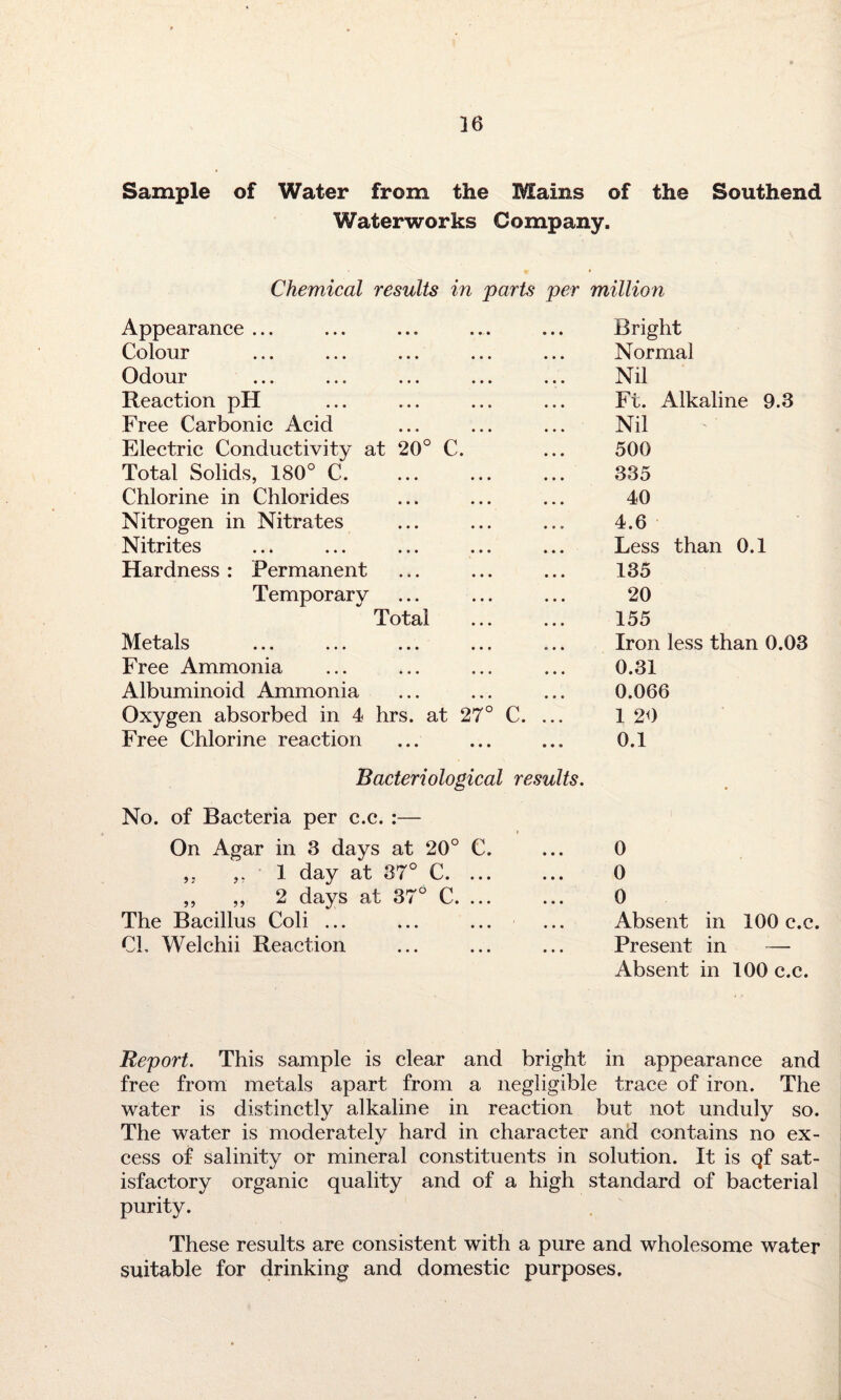 36 Sample of Water from the Mains of the Southend Waterworks Company. Chemical results in parts per million Appearance ... Colour Odour Reaction pH Free Carbonic Acid Electric Conductivity at 20° C. Total Solids, 180° C. Chlorine in Chlorides Nitrogen in Nitrates Nitrites Hardness : Permanent Temporary Total Metals Free Ammonia Albuminoid Ammonia Oxygen absorbed in 4 hrs. at 27° C. Free Chlorine reaction Bright Normal Nil Ft. Alkaline 9.3 Nil 500 335 40 4.6 Less than 0.1 135 20 155 Iron less than 0.03 0.31 0.066 1 20 0.1 Bacteriological results. No. of Bacteria per c.e. :— On Agar in 3 days at 20° C ,, 1 day at 37° C. .. ,, ,, 2 days at 37° C. .. The Bacillus Coli ... CL Welchii Reaction 0 0 0 Absent in 100 c.e. Present in — Absent in 100 c.e. Report. This sample is clear and bright in appearance and free from metals apart from a negligible trace of iron. The water is distinctly alkaline in reaction but not unduly so. The water is moderately hard in character and contains no ex¬ cess of salinity or mineral constituents in solution. It is qf sat¬ isfactory organic quality and of a high standard of bacterial purity. These results are consistent with a pure and wholesome water suitable for drinking and domestic purposes.