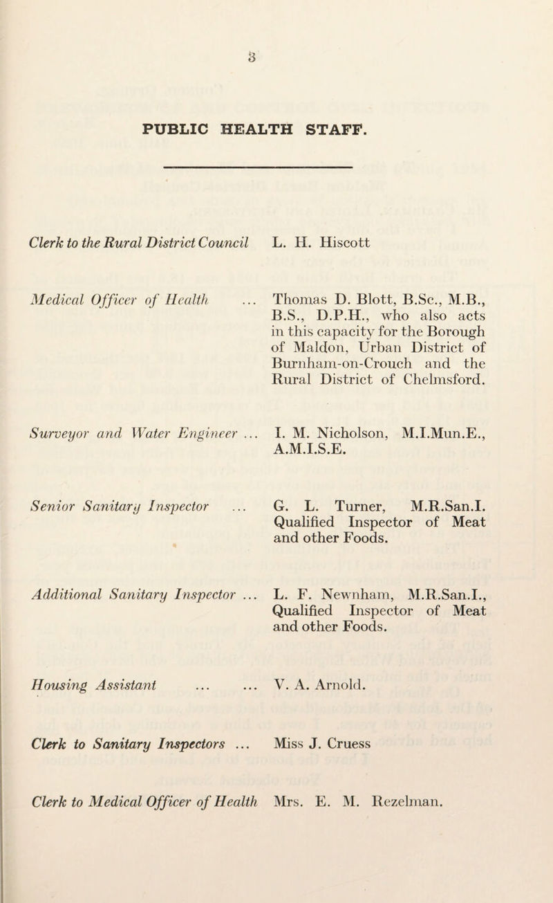 a PUBLIC HEALTH STAFF. Clerk to the Rural District Council L. H. Hiscott Medical Officer of Health Thomas D. Blott, B.Sc., M.B., B.S., D.P.H., who also acts in this capacity for the Borough of Maldon, Urban District of Burnham-on-Crouch and the Rural District of Chelmsford. Surveyor and Water Engineer ... I. M. Nicholson, M.I.Mun.E., A.M.I.S.E. Senior Sanitary Inspector G. L. Turner, M.R.San.I. Qualified Inspector of Meat and other Foods. Additional Sanitary Inspector ... L. F. Newnham, M.R.San.I., Qualified Inspector of Meat and other Foods. Housing Assistant V. A. Arnold. Clerk to Sanitary Inspectors ... Miss J. Cruess