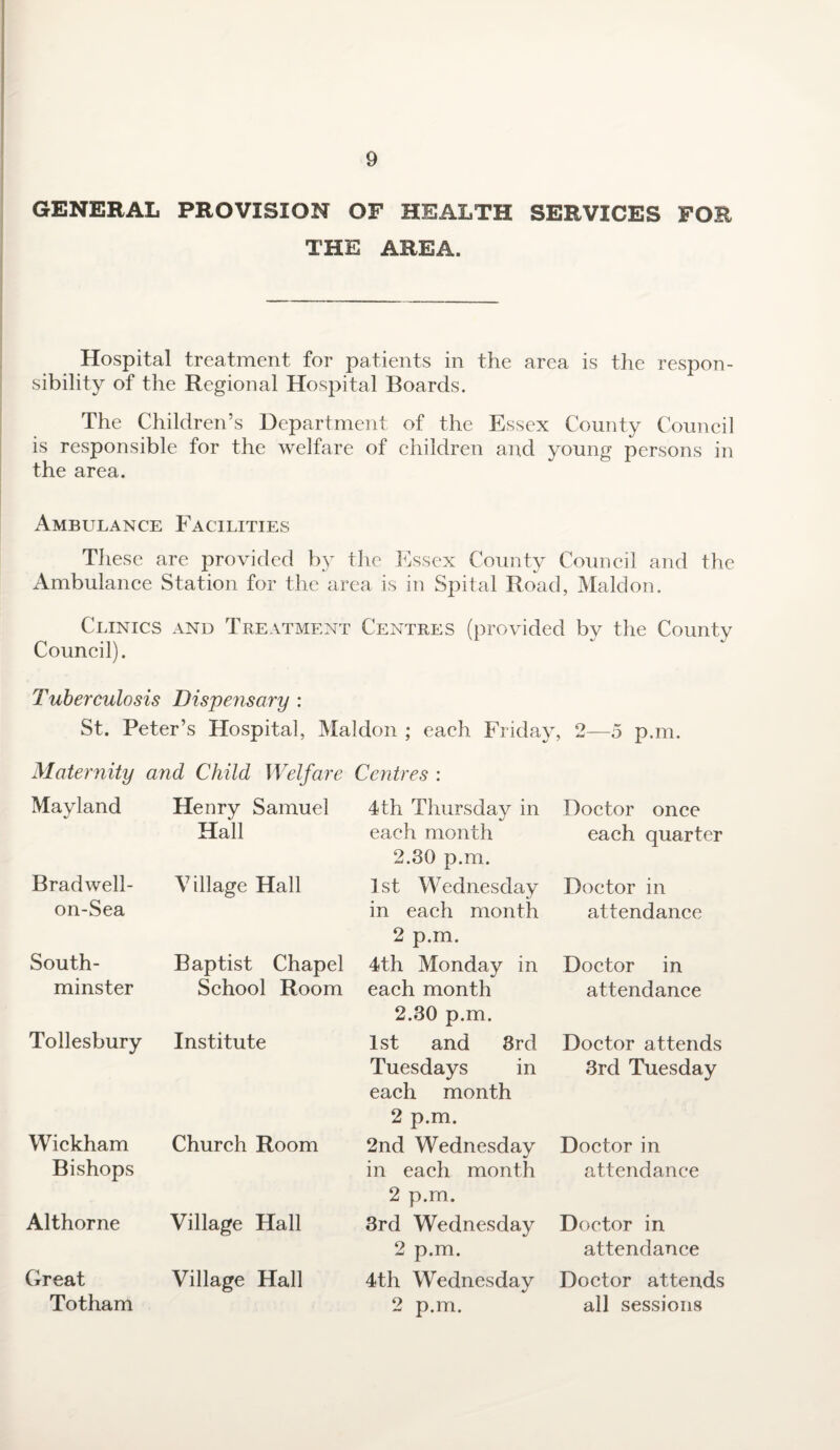 GENERAL PROVISION OF HEALTH SERVICES FOR THE AREA. Hospital treatment for patients in the area is the respon¬ sibility of the Regional Hospital Boards. The Children’s Department of the Essex County Council is responsible for the welfare of children and young persons in the area. Ambulance Facilities These are provided by the Essex County Council and the Ambulance Station for the area is in Spital Road, Maldon. Clinics and Treatment Centres (provided by the County Council). Tuberculosis Dispensary : St. Peter’s Hospital, Maldon ; each Friday, 2—5 p.m. Maternity and Child Welfare Centres : Mayland Bradwell- on-Sea South- minster Tollesbury Wickham Bishops Althorne Great Totham Henry Samuel Hall Village Hall Baptist Chapel School Room Institute Church Room Village Hall Village Hall 4th Thursday in each month 2.30 p.m. 1st Wednesday in each month 2 p.m. 4th Monday in each month 2.30 p.m. 1st and 8rd Tuesdays in each month 2 p.m. 2nd Wednesday in each month 2 p.m. 3rd Wednesday 2 p.m. 4th Wednesdav 2 p.m. Doctor once each quarter Doctor in attendance Doctor in attendance Doctor attends 3rd Tuesday Doctor in attendance Doctor in attendance Doctor attends all sessions