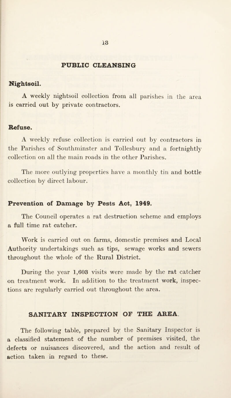 PUBLIC CLEANSING Nightsoil. A weekly nightsoil collection from all parishes in the area is carried out by private contractors. Refuse. A weekly refuse collection is carried out by contractors in the Parishes of Southminster and Tollesbury and a fortnightly collection on all the main roads in the other Parishes. The more outlying properties have a monthly tin and bottle collection by direct labour. Prevention of Damage by Pests Act, 1949. The Council operates a rat destruction scheme and employs a full time rat catcher. Work is carried out on farms, domestic premises and Local Authority undertakings such as tips, sewage works and sewers throughout the whole of the Rural District. During the year 1,603 visits were made by the rat catcher on treatment work. In addition to the treatment work, inspec¬ tions are regularly carried out throughout the area. SANITARY INSPECTION OF THE AREA. The following table, prepared by the Sanitary Inspector is a classified statement of the number of premises visited, the defects or nuisances discovered, and the action and result of action taken in regard to these.