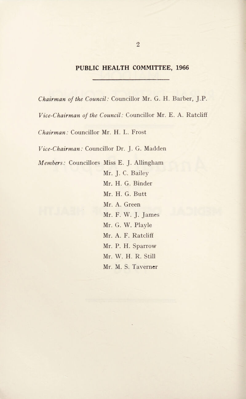 PUBLIC HEALTH COMMITTEE, 1966 Chairman of the Council: Councillor Mr. G. H. Barber, J.P. Vice-Chairman of the Council: Councillor Mr. E. A. Ratcliff Chairman: Councillor Mr. H. L. Frost Vice-Chairman: Councillor Dr. J. G. Madden Members: Councillors Miss E. J. Allingham Mr. J. C. Bailey Mr. H. G. Binder Mr. H. G. Butt Mr. A. Green Mr. F. W. J. James Mr. G. W. Playle Mr. A. F. Ratcliff Mr. P. H. Sparrow Mr. W. H. R. Still Mr. M. S. Taverner