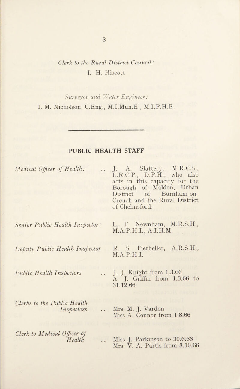 Clerk to the Rural District Council: L H. Hiscott Surveyor and Water Engineer: I. M. Nicholson, C.Eng., M.I.Mun.E., M.I.P.H.E. PUBLIC HEALTH STAFF Medical Officer of Health: Senior Public Health Inspector: Deputy Public Health Inspector Public Health Inspectors Clerks to the Public Health Inspectors Clerk to Medical Officer of Health J. A. Slattery, M.R.C.S., L.R.C.P., D.P.PL, who also acts in this capacity for the Borough of Maldon, Urban District of Burnham-on- Crouch and the Rural District of Chelmsford. L. F. Newnham, M.R.S.H., M. A.P.H.I., A.I.H.M. R. S. Fierheller, A.R.S.H., M.A.P.H.I. J. J. Knight from 1.3.66 A. J. Griffin from 1.3.66 to 31.12.66 Mrs. M. J. Vardon Miss A. Connor from 1.8.66 Miss J. Parkinson to 30.6.66 Mrs. V. A. Partis from 3.10.66