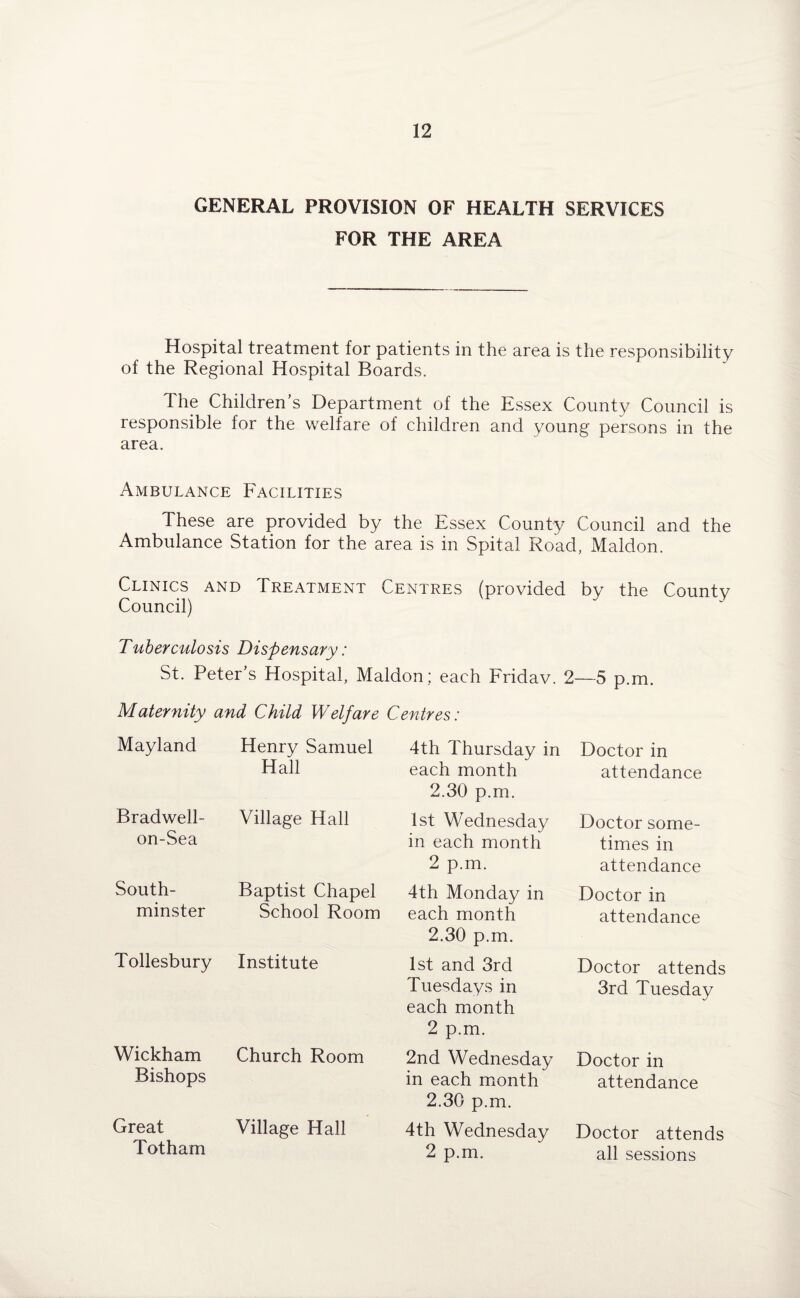 GENERAL PROVISION OF HEALTH SERVICES FOR THE AREA Hospital treatment for patients in the area is the responsibility of the Regional Hospital Boards. The Children’s Department of the Essex County Council is responsible for the welfare of children and young persons in the area. Ambulance Facilities These are provided by the Essex County Council and the Ambulance Station for the area is in Spital Road, Maldon. Clinics and Treatment Centres (provided by the County Council) Tuberculosis Dispensary: St. Peter’s Hospital, Maldon; each Fridav. 2—5 p.m. Maternity and Child Welfare Centres: Mayland Henry Samuel Hall Bradwell- Village Hall on-Sea South- Baptist Chapel minster School Room Tollesbury Institute Wickham Church Room Bishops Great Village Hall Tot ham 4th Thursday in each month 2.30 p.m. 1st Wednesday in each month 2 p.m. 4th Monday in each month 2.30 p.m. 1st and 3rd Tuesdays in each month 2 p.m. 2nd Wednesday in each month 2.30 p.m. 4th Wednesday 2 p.m. Doctor in attendance Doctor some¬ times in attendance Doctor in attendance Doctor attends 3rd Tuesday Doctor in attendance Doctor attends all sessions