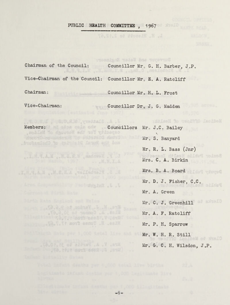 PUBLIC HEALTH COMMITTEE , 1967 ww lamnn) ■nt'waMaw <t' Chairman of the Council: Councillor Mr.., G-. H. Barber, JCP, Vice-Chairman of the Council: Councillor Mr, E, A. Ratcliff Chairman: Councillor Mr, H. L„ Frost Vice-Chairman: Councillor Dr* J. Gr Madden Members: Councillors Mr- J.C, Bailey X, Mr* S. Banyard Mr* R, L. Bass (Jnr) Mrs, C* A, Birkin Mrs* Bo A, Board Mr* D, J* Fisher, C*C* Mrr, A, G-reen Mr* C, J, Greenhill Mr* A* F. Ratcliff Mr* P0 H. Sparrow Mr „ W. H, R, Still Mr, G* C* Ho Wilsdon, J.P, -1 ”*■