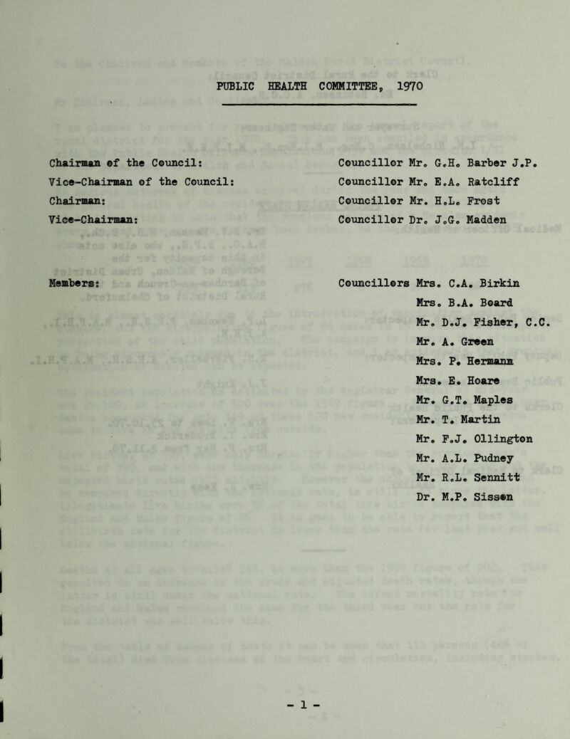 PUBLIC HEALTH COMMITTEE9 1970 Chairman ©f the Council: Vice-Chairman of the Council: Chairman: Vice-Chairman: Councillor Mr. G. Councillor Mr. E. Councillor Mr. H. Councillor Dr. J. Members: Councillors Mrs. Mrs. Mr. D Mr. A Mrs. Mrs. Mr. G Mr. T Mr. F Mr. A Mr. E Dr. M H. Barber J.P. A. Ratcliff L. Frost G. Madden C.A. Birkin B.A. Board .J. Fisher, C.C. • Green P« Hermann E. Hoare ,T. Maples . Martin '.J* Ollington .L. Pudney .L. Sennitt :.p. Sissen