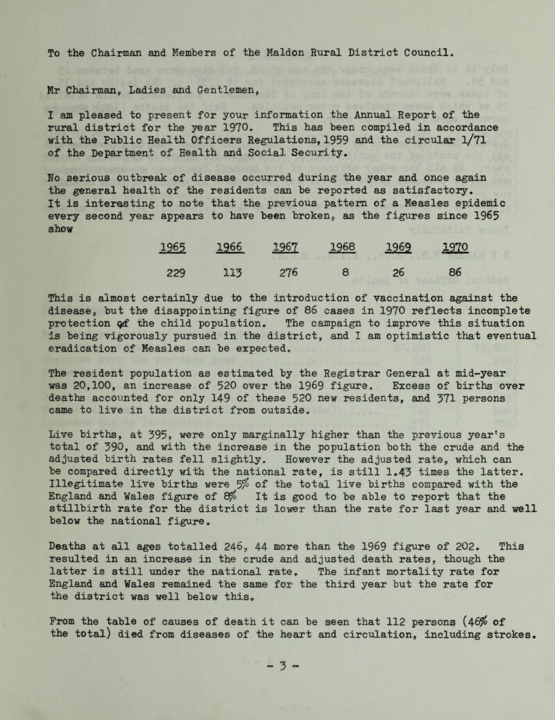 To the Chairman and Members of the Maldon Rural District Council. Mr Chairman;, Ladies and Gentlemen, I am pleased to present for your information the Annual Report of the rural district for the year 1970. This has been compiled in accordance with the Public Health Officers Regulations, 1959 and the circular l/71 of the Department of Health and Social Security. Ho serious outbreak of disease occurred during the year and once again the general health of the residents can be reported as satisfactory. It is interesting to note that the previous pattern of a Measles epidemic every second year appears to have been broken, as the figures since 1965 show 1965 1966 1967 1968 1969 1970 229 113 276 8 26 86 This is almost certainly due to the introduction of vaccination against the disease, but the disappointing figure of 86 cases in 1970 reflects incomplete protection the child population. The campaign to improve this situation is being vigorously pursued in the district, and I am optimistic that eventual eradication of Measles can be expected. The resident population as estimated by the Registrar General at mid-year was 20,100, an increase of 520 over the 1969 figure. Excess of births over deaths accounted for only 149 of these 520 new residents, and 371 persons came to live in the district from outside. Live births, at 395, were only marginally higher than the previous year's total of 390, and with the increase in the population both the crude and the adjusted birth rates fell slightly. However the adjusted rate, which can be compared directly with the national rate, is still 1.43 times the latter. Illegitimate live births were 5f° of the total live births compared with the England and Wales figure of 8$ It is good to be able to report that the stillbirth rate for the district is lower than the rate for last year and well below the national figure. Deaths at all ages totalled 246, 44 more than the 1969 figure of 202. This resulted in an increase in the crude and adjusted death rates, though the latter is still under the national rate. The infant mortality rate for England and Wales remained the same for the third year but the rate for the district was well below this. From the table of causes of death it can be seen that 112 persons (46$ of the total) died from diseases of the heart and circulation, including strokes.