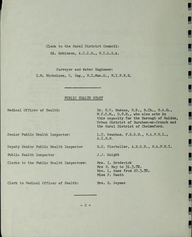 Clerk to the Rural District Councils Edo Robinson, A.C.IoSo, M.IoL.G.A. Surveyor and Water Engineer; loMo Nicholson, Co Engo, M.IoMun.Eo, M.I.P.H.E. PUBLIC HEALTH STAFF Medical Officer of Health; Senior Public Health Inspector; Deputy Senior Public Health Inspector Public Health Inspector Clerks to the Public Health Inspectors; Clerk to Medical Officer of Health; Dr® BoVo Hassan, M.B., B<,Ch,, B.A.O., M.F.C.Mo, D.P.H., who also acts in this capacity for the Borough of Maldon, Urban District of Burnham-on-Crouch and the Rural District of Chelmsford. L.Fo Newnham, F.R.S.H., M.AoP.H.I,, AoI.H.M. R.So Fierheller, A.R.S.Ho, M.A.P.H.I. J.J, Knight Mrs. I. Broderick Mrs Po May to 31-3e72. Mrs, Lo Rose from 20.3o72o Miss Fo Heath Mrs, Eo Seymer