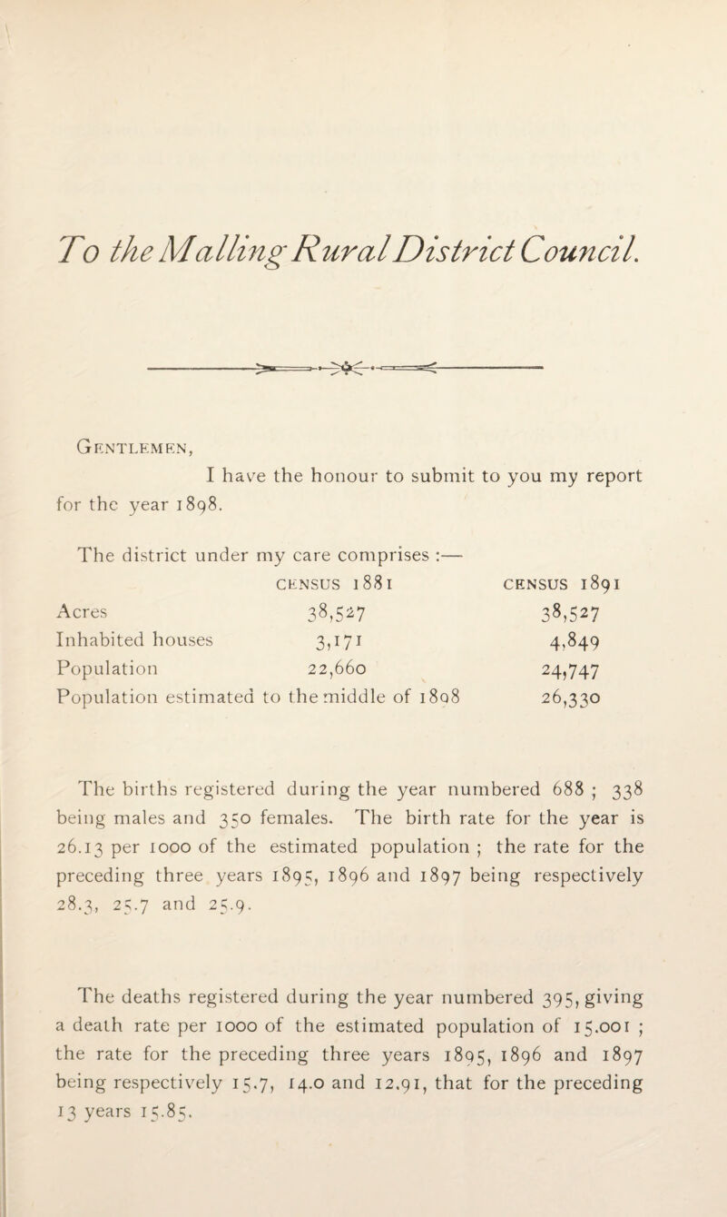 To the Mailing Rural District Council. Gentlemen, I have the honour to submit to you my report for the year 1898. The district under my care comprises census 1881 census 189 Acres 38,547 38,527 Inhabited houses 3,171 4.849 Population 22,660 24,747 Population estimated to the middle of 1808 26,330 The births registered during the year numbered 688 ; 338 being males and 350 females. The birth rate for the year is 26.13 per 1000 of the estimated population ; the rate for the preceding three years 1895, 1896 and 1897 being respectively 28.3, 25.7 and 25.9. The deaths registered during the year numbered 395, giving a death rate per 1000 of the estimated population of 15.001 ; the rate for the preceding three years 1895, 1896 and 1897 being respectively 15.7, 14.0 and 12.91, that for the preceding 13 years 15.85.