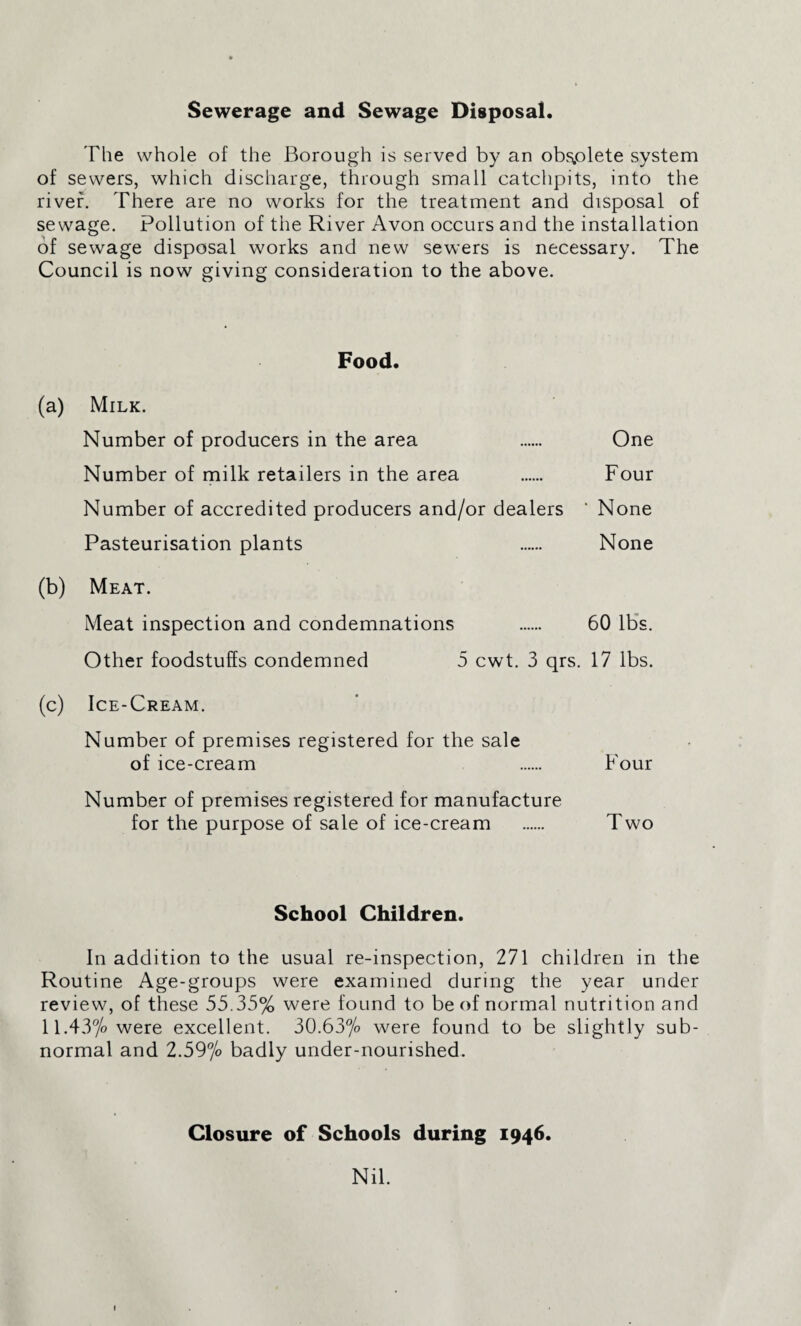 Sewerage and Sewage Disposal. The whole of the Borough is served by an obsolete system of sewers, which discharge, through small catchpits, into the river. There are no works for the treatment and disposal of sewage. Pollution of the River Avon occurs and the installation of sewage disposal works and new sewers is necessary. The Council is now giving consideration to the above. Food. (a) Milk. Number of producers in the area . One Number of milk retailers in the area . Four Number of accredited producers and/or dealers ' None Pasteurisation plants . None (b) Meat. Meat inspection and condemnations . 60 lbs. Other foodstuffs condemned 5 cwt. 3 qrs. 17 lbs. (c) Ice-Cream. Number of premises registered for the sale of ice-cream . Four Number of premises registered for manufacture for the purpose of sale of ice-cream . Two School Children. In addition to the usual re-inspection, 271 children in the Routine Age-groups were examined during the year under review, of these 55.35% were found to be of normal nutrition and 11.43% were excellent. 30.63% were found to be slightly sub¬ normal and 2.59% badly under-nourished. Closure of Schools during 1946. Nil.