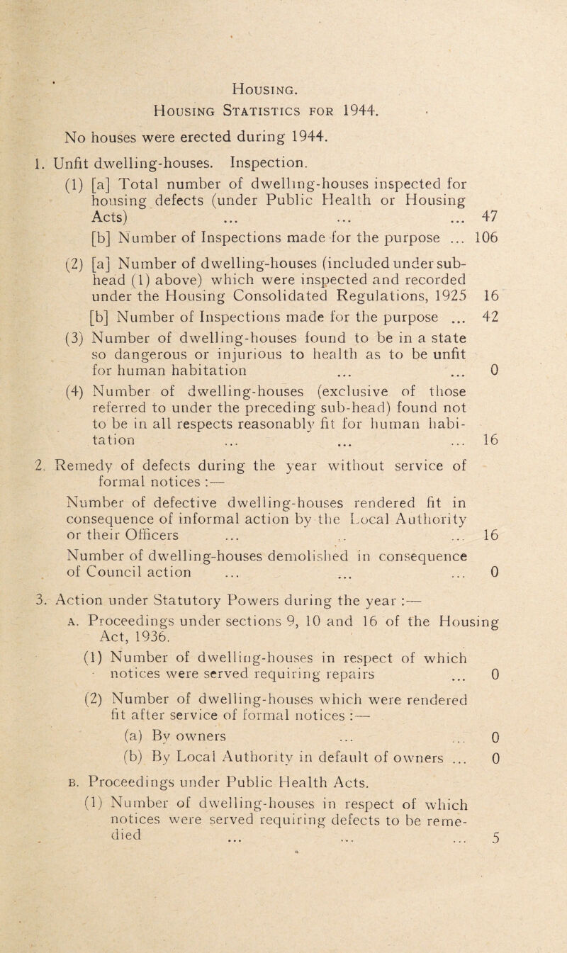 Housing. Housing Statistics for 1944. No houses were erected during 1944. 1. Unfit dwelling-houses. Inspection. (1) [a] Total number of dwelling-houses inspected for housing defects (under Public Health or Housing Acts) ... ... ... 47 [b] Number of Inspections made for the purpose ... 106 (2) [a] Number of dwelling-houses (included under sub¬ head (1) above) which were inspected and recorded under the Housing Consolidated Regulations, 1925 16 [b] Number of Inspections made for the purpose ... 42 (3) Number of dwelling-houses found to be in a state so dangerous or injurious to health as to be unfit for human habitation ... ... 0 (4) Number of dwelling-houses (exclusive of those referred to under the preceding sub-head) found not to be in all respects reasonably fit for human habi¬ tation ... ... ... 16 2. Remedy of defects during the year without service of formal notices : — Number of defective dwelling-houses rendered fit in consequence of informal action by the Local Authority or their Officers ... .. ... 16 Number of dwelling-houses demolished in consequence of Council action ... ... ... 0 3. Action under Statutory Powers during the year : — a. Proceedings under sections 9, 10 and 16 of the Housing Act, 1936. (1) Number of dwelling-houses in respect of which notices were served requiring repairs ... 0 (2) Number of dwelling-houses which were rendered fit after service of formal notices : — (a) By owners ... ... 0 (b) By Local Authority in default of owners ... 0 b. Proceedings under Public Health Acts. (1) Number of dwelling-houses in respect of which notices were served requiring defects to be reme¬ died • • •