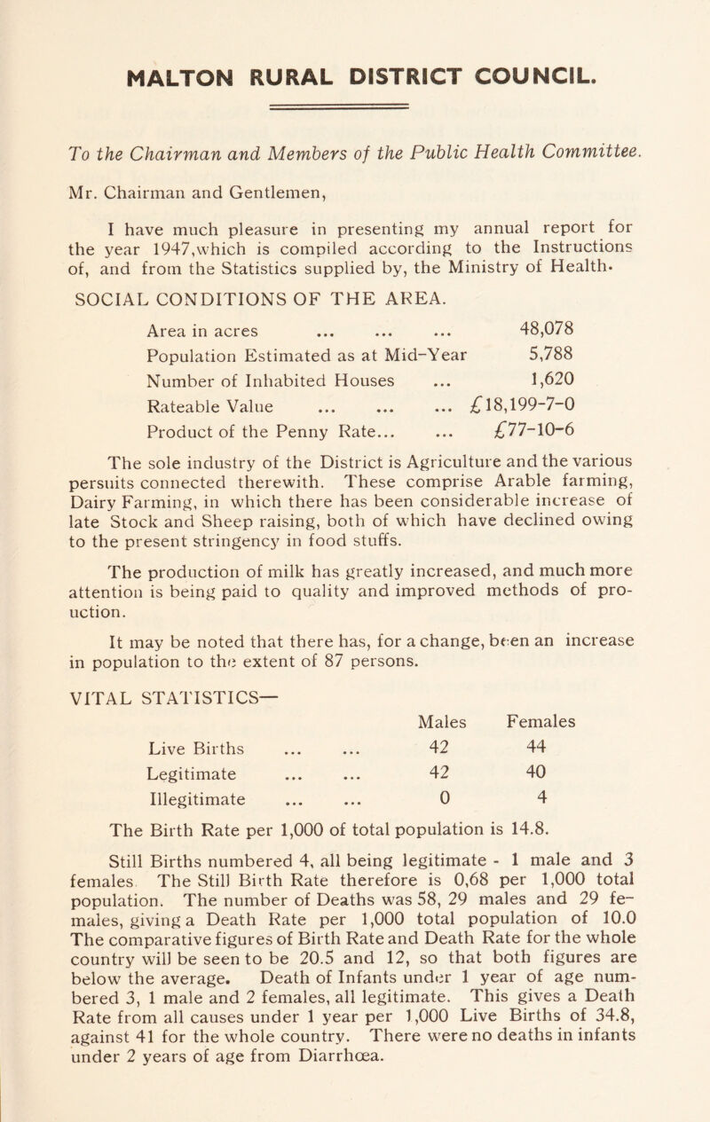 MALTON RURAL DISTRICT COUNCIL. To the Chairman and Members of the Public Health Committee. Mr. Chairman and Gentlemen, I have much pleasure in presenting my annual report for the year 1947,which is compiled according to the Instructions of, and from the Statistics supplied by, the Ministry of Health. SOCIAL CONDITIONS OF THE AREA. Area in acres ... ... ... 48,078 Population Estimated as at Mid-Year 5,788 Number of Inhabited Houses ... 1,620 Rateable Value ... ... ... £18,199-7-0 Product of the Penny Rate... ... £77-10-6 The sole industry of the District is Agriculture and the various persuits connected therewith. These comprise Arable farming, Dairy Farming, in which there has been considerable increase of late Stock and Sheep raising, both of which have declined owing to the present stringency in food stuffs. The production of milk has greatly increased, and much more attention is being paid to quality and improved methods of pro- uction. It may be noted that there has, for a change, been an increase in population to the extent of 87 persons. VITAL STATISTICS— Males Females Live Births ... ... 42 44 Legitimate ... ... 42 40 Illegitimate ... ... 0 4 The Birth Rate per 1,000 of total population is 14.8. Still Births numbered 4, all being legitimate - 1 male and 3 females The Still Birth Rate therefore is 0,68 per 1,000 total population. The number of Deaths was 58, 29 males and 29 fe¬ males, giving a Death Rate per 1,000 total population of 10.0 The comparative figures of Birth Rate and Death Rate for the whole country will be seen to be 20.5 and 12, so that both figures are below the average. Death of Infants under 1 year of age num¬ bered 3, 1 male and 2 females, all legitimate. This gives a Death Rate from all causes under 1 year per 1,000 Live Births of 34.8, against 41 for the whole country. There were no deaths in infants under 2 years of age from Diarrhoea.