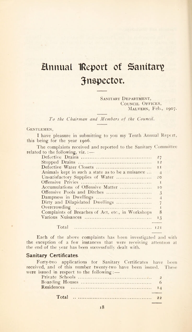 annual IReport of Sanitary inspector. Sanitary Department, Council Offices, Malvern, Feb., 1907. To the Chairman and Members of the Council. Gentlemen, I have pleasure in submitting to you my Tenth Annual Report, this being for the year 1906. The complaints received and reported to the Sanitary Committee related to the following, viz. : — Defective Drains . 27 Stopped Drains . 12 Defective Water Closets . 11 Animals kept in such a state as to be a nuisance ... 4 Unsatisfactory Supplies of Water . 20 Offensive Privies . 1 Accumulations of Offensive Matter . 10 Offensive Pools and Ditches . 3 Dampness in Dwellings . 4 Dirty and Dilapidated Dwellings . 7 Overcrowding . 1 Complaints of Breaches of Act, etc., in Workshops 8 Various Nuisances . 13 Total . 121 Each of the above complaints has been investigated and with the exception of a few instances that were receiving attention at the end of the year has been successful!v dealt with. Sanitary Certificates Forty-two applications for Sanitary Certificates have been received, and of this number twenty-two have been issued. These were issued in respect to the following: — Private Schools . 2 Boarding Houses . 6 Residences . 14 Total