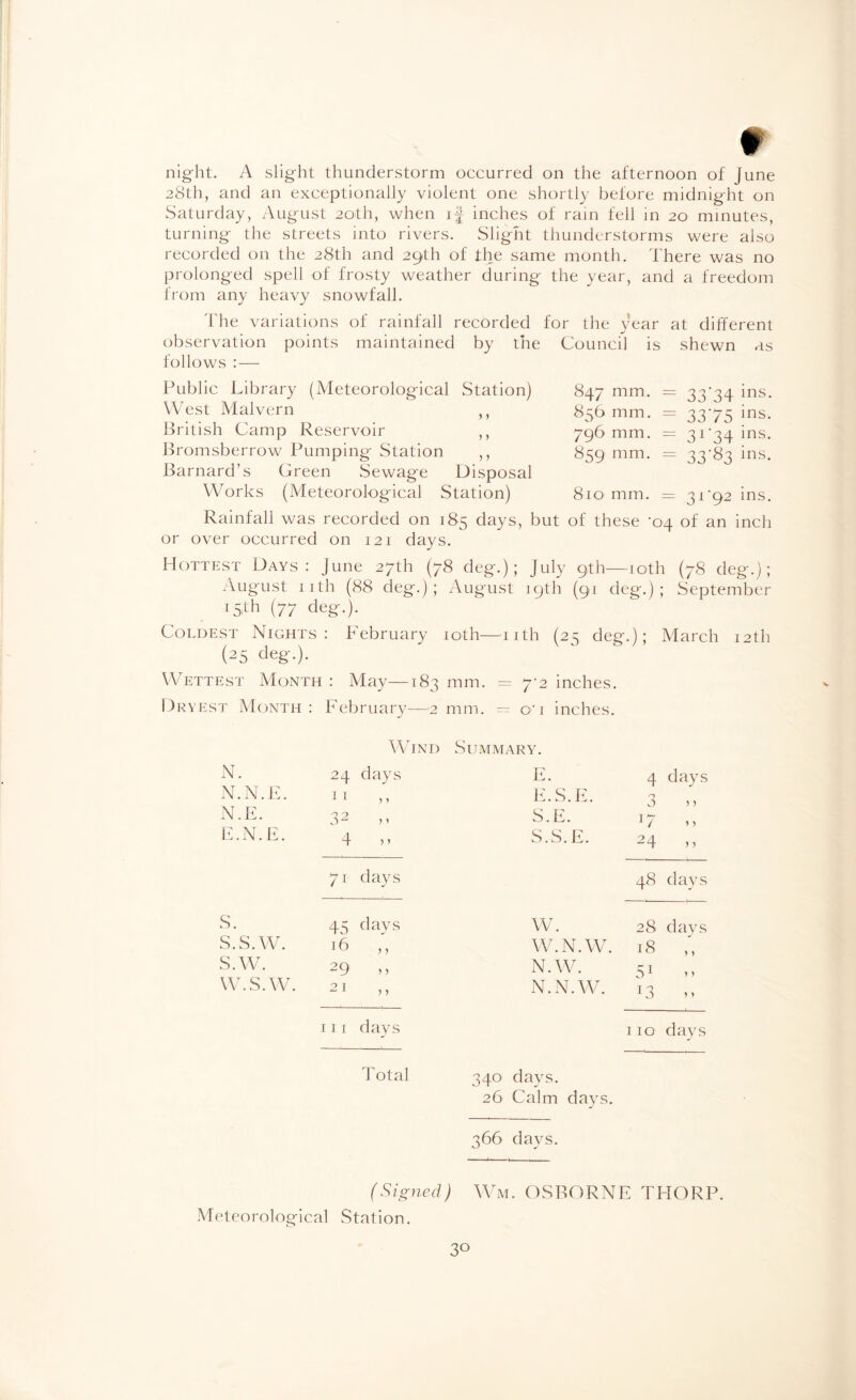 night. A slight thunderstorm occurred on the afternoon of June 28th, and an exceptionally violent one shortly before midnight on Saturday, August 20th, when if inches of ram fell in 20 minutes, turning the streets into rivers. Slight thunderstorms were also recorded on the 28th and 29th of the same month. There was no prolonged spell of frosty weather during the year, and a freedom from any heavy snowfall. The variations of rainfall recorded for the year at different observation points maintained by the Council is shewn as follows : — y y y y 847 mm. 856 mm. 796 mm. 859 mm. 33 34 ins- 3375 ins. 3r34 ins- 33-83 ins. Public Library (Meteorological Station) West Malvern British Camp Reservoir Bromsberrow Pumping Station Barnard’s Green Sewage Disposal Works (Meteorological Station) Rainfall was recorded on 185 days, but of these -04 of an inch or over occurred on 121 days. Hottest Days: June 27th (78 deg.); July 9th— noth (78 deg.); August nth (88 deg.); August 19th (91 deg.); September 15th (77 deg.). 810 mm. = 31-92 ins. Coldest Nights: February 10 th—nth (25 deg.); March 12th (25 de§'-)- Wettest Month : May—183 mm. = 7-2 inches. Dryest Month: February—2 mm. — on inches. Wind Summary. N. 24 days E. 4 days N.N.E. n E.S.E. 3 5 5 N.E. 32 ,, S.E. 17 E.N.E. 4 » S.S. E. 24 >, n p '-<1 48 days S. 45 days W. 28 davs s.s.w. 16 ,, W.N.W. 18 s.w. 2 9 >> N.W. 51 w.s.w. 21 N.N.W. J3 >> 111 days 110 days 1 otal 340 days. 26 Calm days. 366 days. v (Signed) Wm. OSBORNE THORP. Meteorological Station. 3°