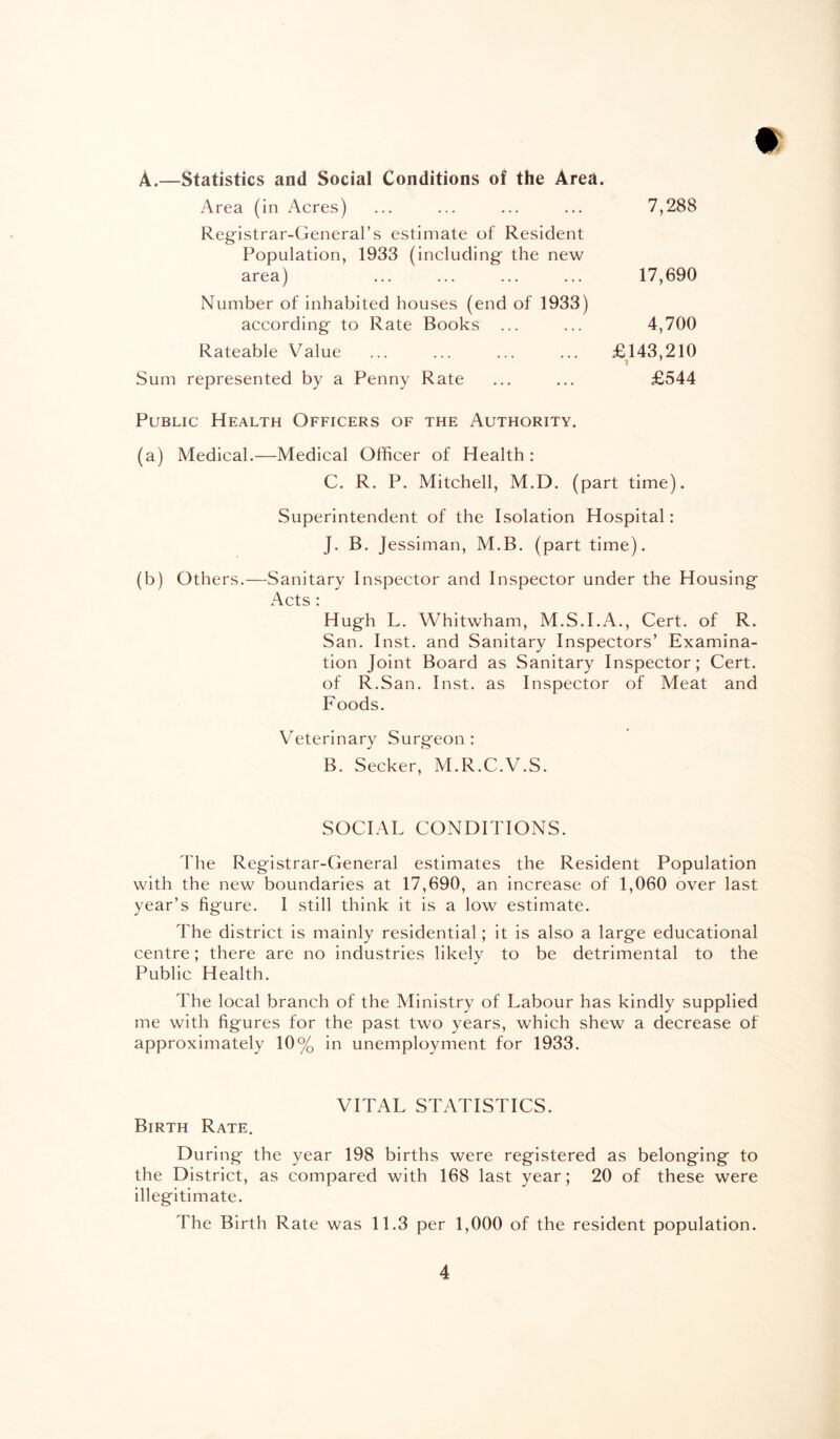 m A.—Statistics and Social Conditions of the Area. 7,288 17,690 4,700 £143,210 £544 C. R. P. Mitchell, M.D. (part time). Superintendent of the Isolation Hospital: J. B. Jessiman, M.B. (part time). (b) Others.—Sanitary Inspector and Inspector under the Housing Acts : Hugh L. Whitwham, M.S.I.A., Cert, of R. San. Inst, and Sanitary Inspectors’ Examina¬ tion Joint Board as Sanitary Inspector; Cert, of R.San. Inst, as Inspector of Meat and Foods. Veterinary Surgeon : B. Seeker, M.R.C.V.S. SOCIAL CONDITIONS. The Registrar-General estimates the Resident Population with the new boundaries at 17,690, an increase of 1,060 over last year’s figure. I still think it is a low estimate. The district is mainly residential; it is also a large educational centre; there are no industries likely to be detrimental to the Public Health. The local branch of the Ministry of Labour has kindly supplied me with figures for the past two years, which shew a decrease of approximately 10% in unemployment for 1933. Area (in Acres) Registrar-General’s estimate of Resident Population, 1933 (including the new area) Number of inhabited houses (end of 1933) according to Rate Books ... Rateable Value Sum represented by a Penny Rate Public Health Officers of the Authority. (a) Medical.—Medical Officer of Health : VITAL STATISTICS. Birth Rate. During the year 198 births were registered as belonging to the District, as compared with 168 last year; 20 of these were illegitimate. The Birth Rate was 11.3 per 1,000 of the resident population.