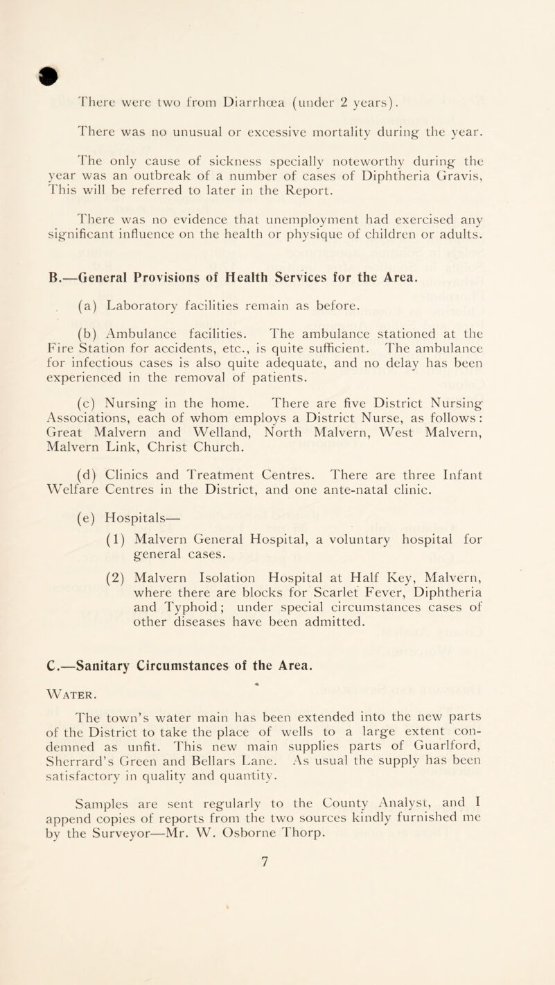 There were two from Diarrhoea (under 2 years). There was no unusual or excessive mortality during' the year. The only cause of sickness specially noteworthy during the year was an outbreak of a number of cases of Diphtheria Gravis, This will be referred to later in the Report. There was no evidence that unemployment had exercised any significant influence on the health or physique of children or adults. B.—General Provisions of Health Services for the Area. (a) Laboratory facilities remain as before. (b) Ambulance facilities. The ambulance stationed at the Fire Station for accidents, etc., is quite sufficient. The ambulance for infectious cases is also quite adequate, and no delay has been experienced in the removal of patients. (c) Nursing in the home. There are five District Nursing Associations, each of whom employs a District Nurse, as follows: Great Malvern and Welland, North Malvern, West Malvern, Malvern Link, Christ Church. (d) Clinics and Treatment Centres. There are three Infant Welfare Centres in the District, and one ante-natal clinic. (e) Hospitals— (1) Malvern General Hospital, a voluntary hospital for general cases. (2) Malvern Isolation Hospital at Half Key, Malvern, where there are blocks for Scarlet Fever, Diphtheria and Typhoid ; under special circumstances cases of other diseases have been admitted. C.—Sanitary Circumstances of the Area. Water. The town’s water main has been extended into the new parts of the District to take the place of wells to a large extent con¬ demned as unfit. This new main supplies parts of Guarlford, Sherrard’s Green and Bellars Lane. As usual the supply has been satisfactory in quality and quantity. Samples are sent regularly to the County Analyst, and I append copies of reports from the two sources kindly furnished me by the Surveyor—Mr. W. Osborne Thorp.