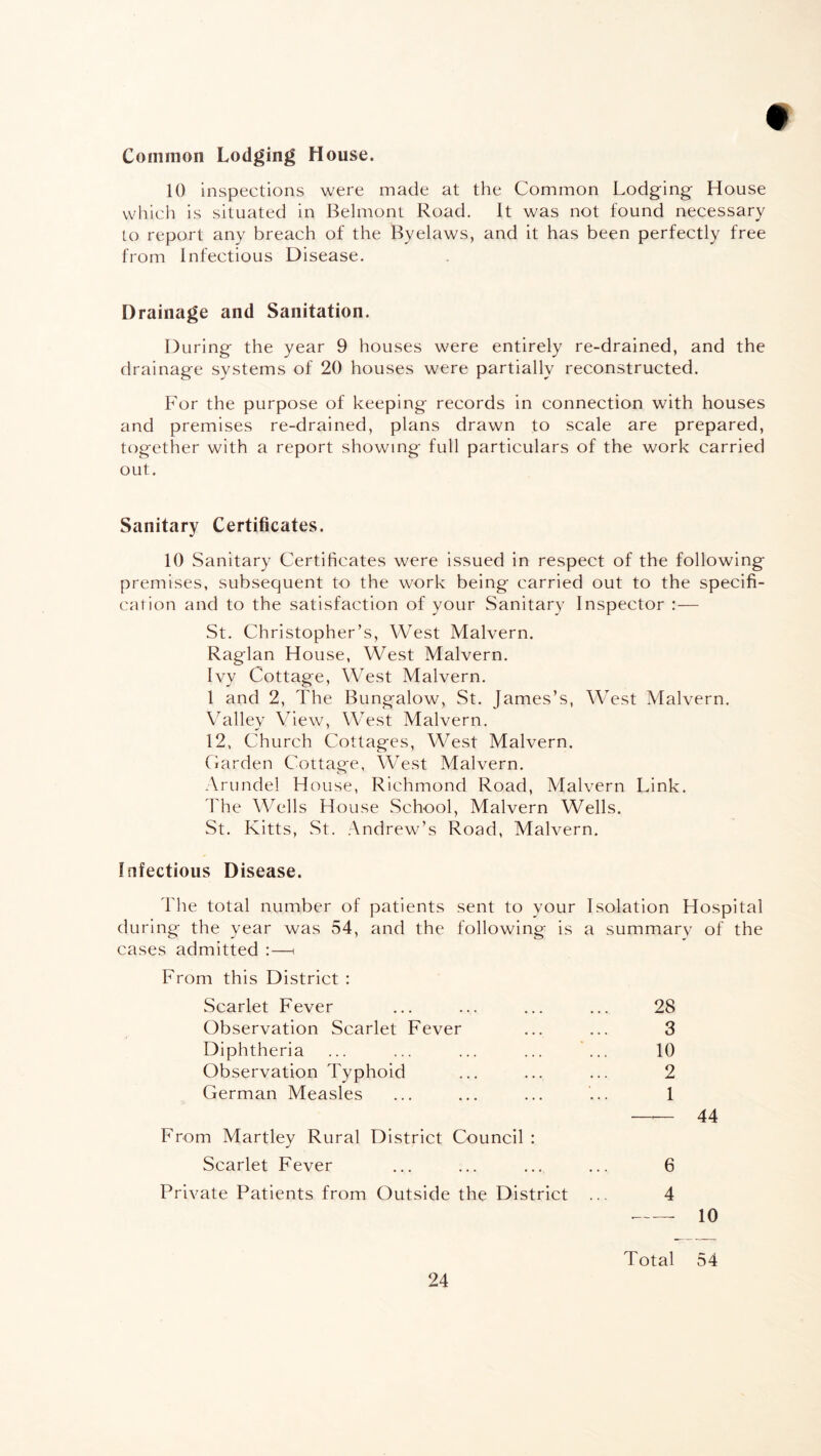 Common Lodging House. 10 inspections were made at the Common Lodging House which is situated in Belmont Road. It was not found necessary to report any breach of the Byelaws, and it has been perfectly free from Infectious Disease. Drainage and Sanitation. During the year 9 houses were entirely re-drained, and the drainage systems of 20 houses were partially reconstructed. For the purpose of keeping records in connection with houses and premises re-drained, plans drawn to scale are prepared, together with a report showing full particulars of the work carried out. Sanitary Certificates. 10 Sanitary Certificates were issued in respect of the following premises, subsequent to the work being carried out to the specifi¬ cation and to the satisfaction of your Sanitary Inspector :— St. Christopher’s, West Malvern. Raglan House, West Malvern. Ivy Cottage, West Malvern. 1 and 2, The Bungalow, St. James’s, West Malvern. Valley View, West Malvern. 12, Church Cottages, West Malvern. Garden Cottage, West Malvern. Arundel House, Richmond Road, Malvern Link. The Wells House School, Malvern Wells. St. Kitts, St. Andrew’s Road, Malvern. Infectious Disease. The total number of patients sent to your Isolation Hospital during the year was 54, and the following is a summary of the cases admitted :—< From this District : Scarlet Fever Observation Scarlet Fever Diphtheria Observation Typhoid German Measles 28 3 10 2 1 44 From Martley Rural District Council : Scarlet Fever Private Patients from Outside the District 6 4 10 Total 54