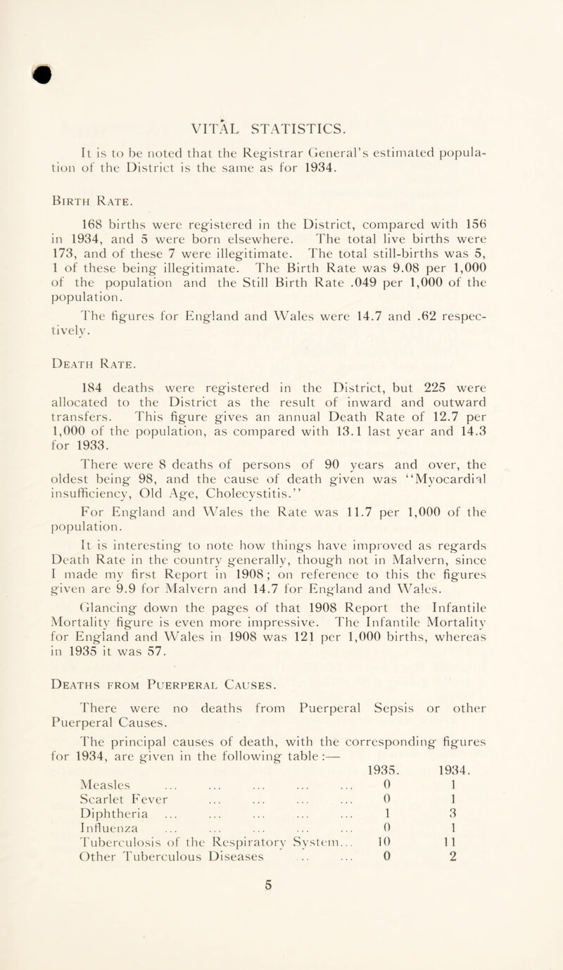 VITAL STATISTICS. It is to be noted that the Registrar General’s estimated popula¬ tion of the District is the same as for 1934. Birth Rate. 168 births were registered in the District, compared with 156 in 1934, and 5 were born elsewhere. The total live births were 173, and of these 7 were illegitimate. The total still-births was 5, 1 of these being illegitimate. The Birth Rate was 9.08 per 1,000 of the population and the Still Birth Rate .049 per 1,000 of the population. The figures for England and Wales were 14.7 and .62 respec¬ tively. Death Rate. 184 deaths were registered in the District, but 225 were allocated to the District as the result of inward and outward transfers. This figure gives an annual Death Rate of 12.7 per 1,000 of the population, as compared with 13.1 last year and 14.3 for 1933. There were 8 deaths of persons of 90 years and over, the oldest being 98, and the cause of death given was “Myocardial insufficiency, Old Age, Cholecystitis.” For England and Wales the Rate was 11.7 per 1,000 of the population. It is interesting to note how things have improved as regards Death Rate in the country generally, though not in Malvern, since I made my first Report in 1908 ; on reference to this the figures given are 9.9 for Malvern and 14.7 for England and Wales. Glancing down the pages of that 1908 Report the Infantile Mortality figure is even more impressive. The Infantile Mortality for England and Wales in 1908 was 121 per 1,000 births, whereas in 1935 it was 57. Deaths from Puerperal Causes. There were no deaths from Puerperal Sepsis or other Puerperal Causes. The principal causes of death, with the corresponding figures for 1934, are given in the following table :— 1935. 1934. Measles ... ... ... ... ... 0 1 Scarlet Fever ... ... ... ... 0 1 Diphtheria ... ... ... ... ... 1 3 Influenza ... ... ... ... ... 0 1 Tuberculosis of the Respiratory System... 10 11 Other Tuberculous Diseases ... ... 0 2