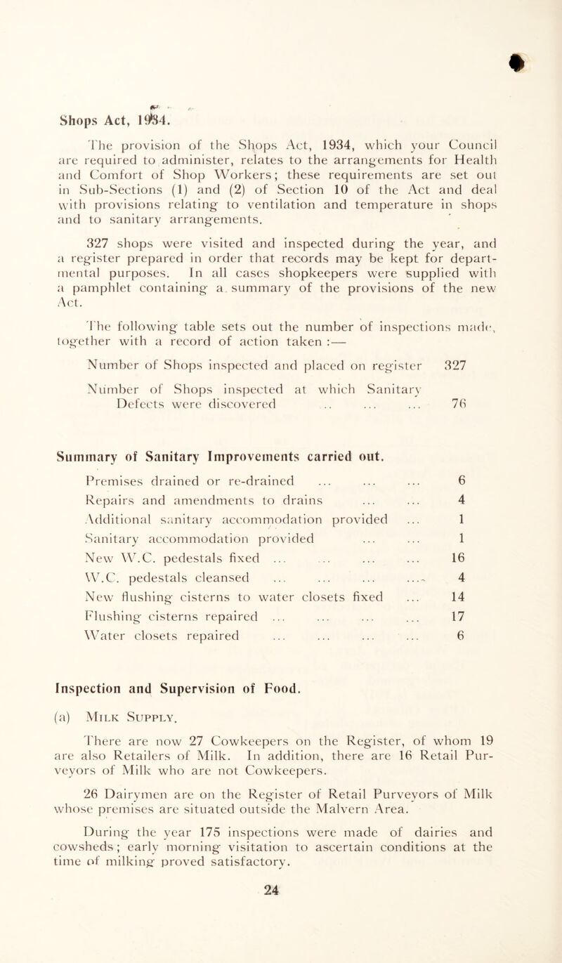 Shops Act, 19^4. The provision of the Shops Act, 1934, which your Council arc required to administer, relates to the arrangements for Health and Comfort of Shop Workers; these requirements are set out in Sub-Sections (1) and (2) of Section 10 of the Act and deal with provisions relating- to ventilation and temperature in shops and to sanitary arrangements. 327 shops were visited and inspected during the year, and a register prepared in order that records may be kept for depart¬ mental purposes. In all cases shopkeepers were supplied with a pamphlet containing a summary of the provisions of the new Act. I he following table sets out the number of inspections made, together with a record of action taken :— Number of Shops inspected and placed on register 327 Number of Shops inspected at which Sanitary Defects were discovered .. ... ... 7b Summary of Sanitary Improvements carried out. Premises drained or re-drained ... ... ... 6 Repairs and amendments to drains ... ... 4 Additional sanitary accommodation provided ... 1 Sanitary accommodation provided ... ... 1 New W.C. pedestals fixed ... ... ... ... 16 W.C. pedestals cleansed ... ... ... ...- 4 New flushing cisterns to water closets fixed ... 14 Flushing cisterns repaired ... ... ... ... 17 Water closets repaired ... ... ... ... 6 Inspection and Supervision of Food. (a) Milk Supply. There are now 27 Cowkeepers on the Register, of whom 19 are also Retailers of Milk. In addition, there are 16 Retail Pur¬ veyors of Milk who are not Cowkeepers. 26 Dairymen are on the Register of Retail Purveyors of Milk whose premises are situated outside the Malvern Area. During the year 175 inspections were made of dairies and cowsheds ; early morning visitation to ascertain conditions at the time of milking proved satisfactory.