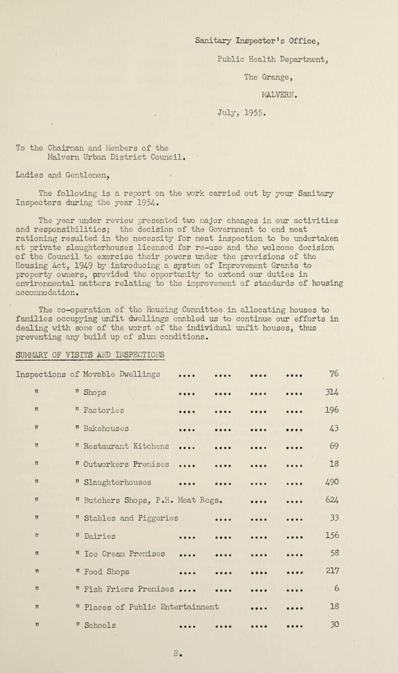 Sanitary Inspector’s Office, Public Health Department, The Grange, MALVERN. July, 1955. To the Chairman and Members of the Malvern Urban District Council. Ladies and Gentlemen, The following is a report on the work carried out by your Sanitary Inspectors during the year 1954. The year under review presented two major changes in our activities and responsibilities; the decision of the Government to end meat rationing resulted in the necessity for meat inspection to be undertaken at private slaughterhouses licensed for re-use and the welcome decision of the Council to exercise their powers under the provisions of the Housing Act, 1949 by introducing a system of Improvement Grants to property owners, provided the opportunity to extend our duties in environmental matters relating to the improvement of standards of housing accommodation. The co-operation of the Housing Committee in allocating houses to families occupying unfit dwellings enabled us to continue our efforts in dealing with some of the worst of the individual unfit houses, thus preventing any build up of slum conditions. SUMMARY OF VISITS AND INSPECTIONS Inspections of Movable Dwellings 11 n Shops ” Factories n Bakehouses • • • 11 Restaurant Kitchens n Outworkers Premises n Slaughterhouses n Butchers Shops, F.H. Meat Regs n Stables and Piggeries n Dairies .... n Ice Cream Premises .... n Food Shops •••• n Fish Friers Premises •••• ” Places of Public Entertainment 76 314 196 43 69 IB 490 624 33 156 5B 217 6 18 i» n Schools • • « • • • • • 30