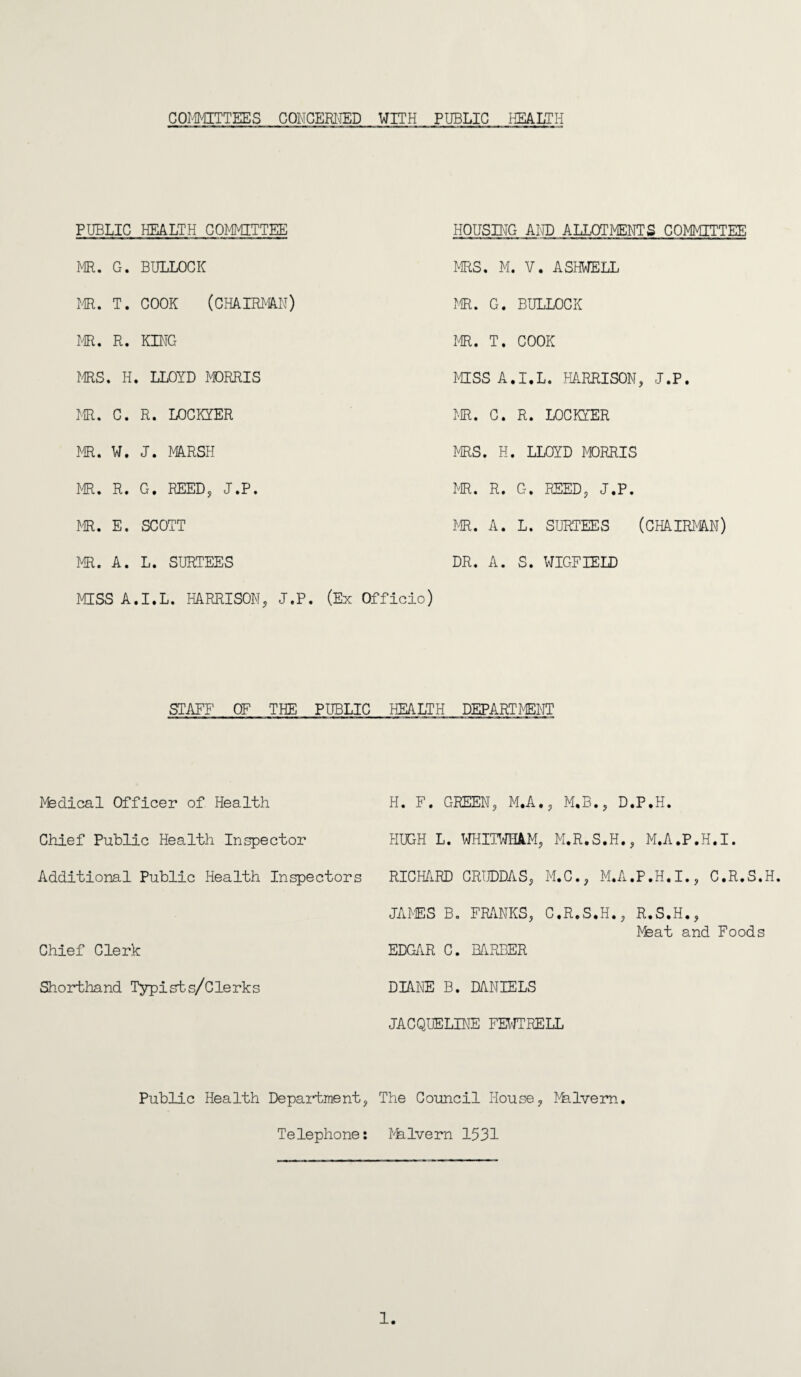 COMMITTEES CONCERNED WITH PUBLIC HEALTH PUBLIC HEALTH COMMITTEE HOUSING AND ALLOTMENTS COMMITTEE MR. G. BULLOCK MRS. M. V. ASHWELL MR. T. COOK (CHAIRMAN) MR. G. BULLOCK MR. R. KING MR. T. COOK MRS. H. LLOYD MORRIS MISS A.I.L. HARRISON, J.P. MR. C. R. LOCKYER MR. C. R. LOCKYER MR. W. J. MARSH MRS. H. LLOYD MORRIS MR. R. G, REED, J.P. HE. R. G. REED, J.P. MR. E. SCOTT MR. A. L. SURTEES (CHAIRMAN) MR. A. L. SURTEES DR. A. S. WIGFIELD MISS A.I.L. HARRISON? J.P. (Ex Officio) STAFF OF THE PUBLIC HEALTH DEPARTMENT Medical Officer of Health H. F. GREEN, M.A., M.B., D.P.H. Chief Public Health Inspector HUGH L. WHITWBAM, M.R.S.H., M.A.P.H.I. Additional Public Health Inspectors RICHARD CRUDDAS, M.C., M.A.P.H.I., C.R.S.H Chief Clerk JAMES B. FRANKS, C.R.S.H., R.S.H., Meat and Foods EDGAR C. BARBER Shorthand Typists/Clerks DIANE B. DANIELS JACQUELINE FEWTRELL Public Health Department, The Council House, Nhlvem. Telephone: Nklvern 1531