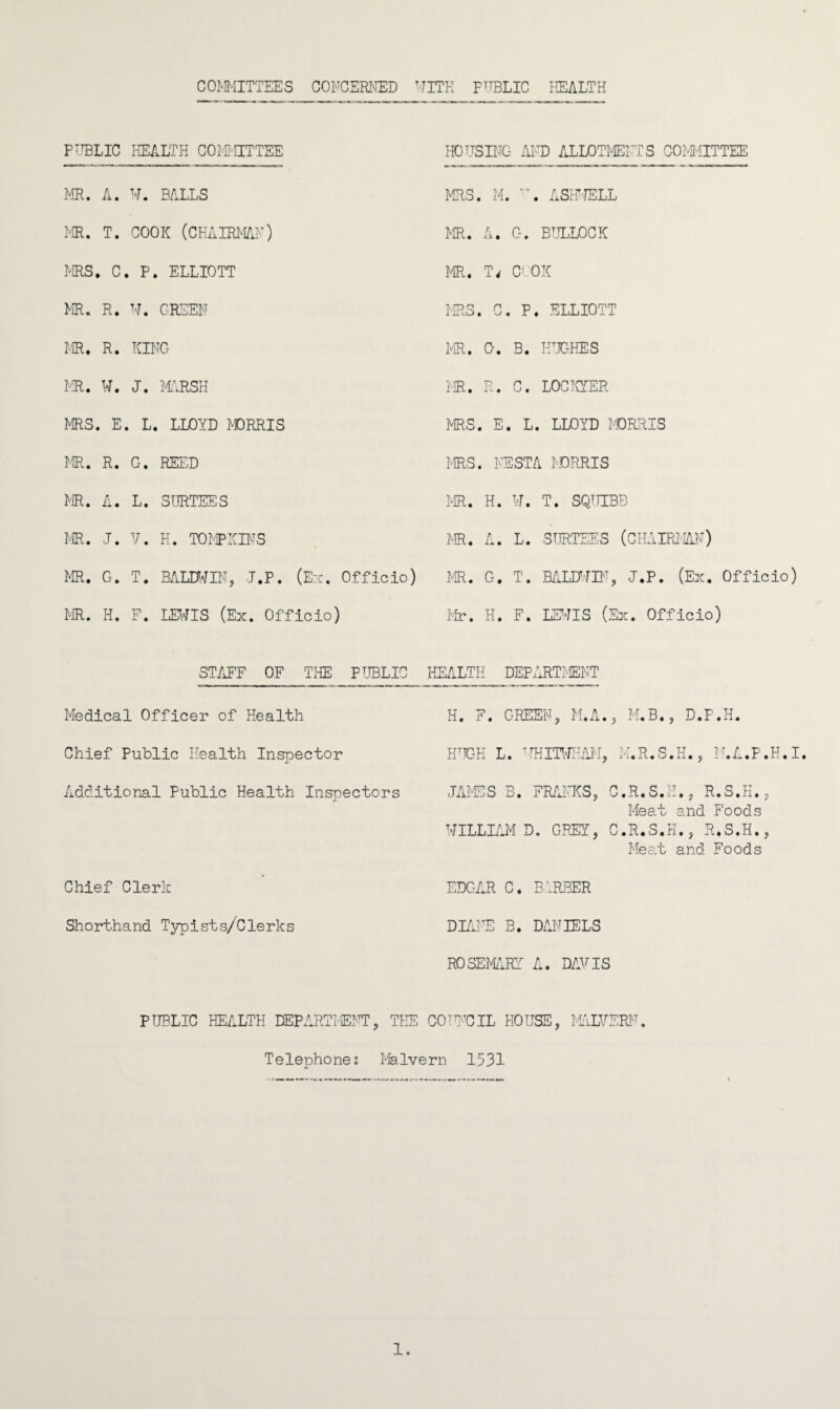 COMMITTEES CONCERNED WITH FUBLIC HEALTH P:TBLIC HEALTH COMMITTEE HOUSING AND ALLOTMENTS COMMITTEE MR. A. W. BALLS MRS. M. *\ ASHWELL MR. T. COOK (CHAIRMAN) MR. A. G. BULLOCK MRS* C. P. ELLIOTT MR. T< COOK MR. R. W. GREEN MRS. C. P. ELLIOTT MR. R. KING MR. 0. B. HUGHES MR. W. J. MARSH MR. R. C. LOCKYER MRS. E. L. LLOYD MORRIS MRS. E. L. LLOYD NORRIS MR. R. G. REED MRS. FESTA MORRIS MR. A. L. SURTEES MR. H. W. T. SQTJTBB MR. J. V. H. TOMPKINS MR. A. L. SURTEES (CHAIRMAN) MR. G. T. BALDWIN, J.P. (Ex. Officio) MR. G. T. BALDWIN, J.P. (Ex. Officio) MR. H. F. LEWIS (Ex. Officio) Mr. H. F. 117*1 IS (Ex. Officio) STAFF OF THE PUBLIC HEALTH DEPARTMENT Medical Officer of Health H. F. GREEN, M.A., M.B., D.P.II. Chief Public Health Inspector HUGH L. TfflITWHAM, M.R.S.H., M.A.P.H.I Additional Public Health Inspectors JAMES B. FRANKS, C.R.S.H., R.S.H., Meat and Foods WILLIAM D. GREY, C.R.S.H., R.S.H., Meat and Foods Chief Clerk EDGAR C. BARBER Shorthand Typists/Clerks DIANE B. DANIELS ROSEMARY A. DAVIS PUBLIC HEALTH DEPARTMENT, THE COUNCIL HOUSE, MALVERN. Telephone? Malvern 1531 1.