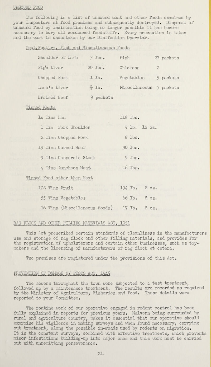 UNSOUND FOOD Tho following is a list of unsound neat and other foods examined by your Inspectors at food premises and subsequently destroyed. Disposal of unsound food by incineration being no longer possible it has become necessary to bury all condemned foodstuffs. Every precaution is taken and the work is undertaken by our Disifection Operator. Meat,Poultry, Fish and Miscellaneous Foods Shoulder of Lamb 3 lbs. Fish 27 packets Pig's Liver 20 lbs. Chickens 2 Chopped Pork 1 lb. Vegetable s 5 packets Lamb's Liver -J- lb. Miscellaneous 3 packets Braised Beef 9 packets Tinned Meats 14 Tins Ham 118 lbs. 1 Tin Pork Shoulder 9 lb. 12 oz. 2 Tins Chopped Pork 8 lbs. 19 Tins Corned Beef 30 lbs. 9 Tins Casserole Steak 9 lbs. 4 Tins Luncheon Meat 16 lbs. Tinned Food other than Meat 128 Tins Fruit 194 lb. cj o oz. 55 Tins Vegetables 66 lb. 8 oz. 16 Tins (Miscellaneous Foods) 17 lb. 8 oz. RAG FLOCK AND OTHER FILLING MATERIALS ACT. 1951 This Act prescribed certain standards of cleanliness in the manufacturers use and storage of rag flock and other filling materials, and provides for the registration of upholsterers and certain other businesses, such as toy- makers and the licensing of manufacturers of rag flock et cetera. Two premises are registered under the provisions of this Act. PREVENTION OF DAMAGE BY PESTS ACT, 1949 The sewers throughout the town were subjected to a test treatment, followed up by a maintenance treatment. The results are. recorded as required by the Ministry of Agriculture, Fisheries and Food. These details were reported to your Committee. The routine work of our operative engaged in rodent control has been fully explained in reports for previous years. Malvern being surrounded by rural and agriculture country, makes it essential that our operative should exercise his vigilence in making surveys and when found necessary, carrying out treatment, along the possible in-roads used by rodents on migration* It is the constant surveys, combined with effective treatments, which prevents minor infestations building-up into major ones and this work must be carried out with unremitting perseverance. 21